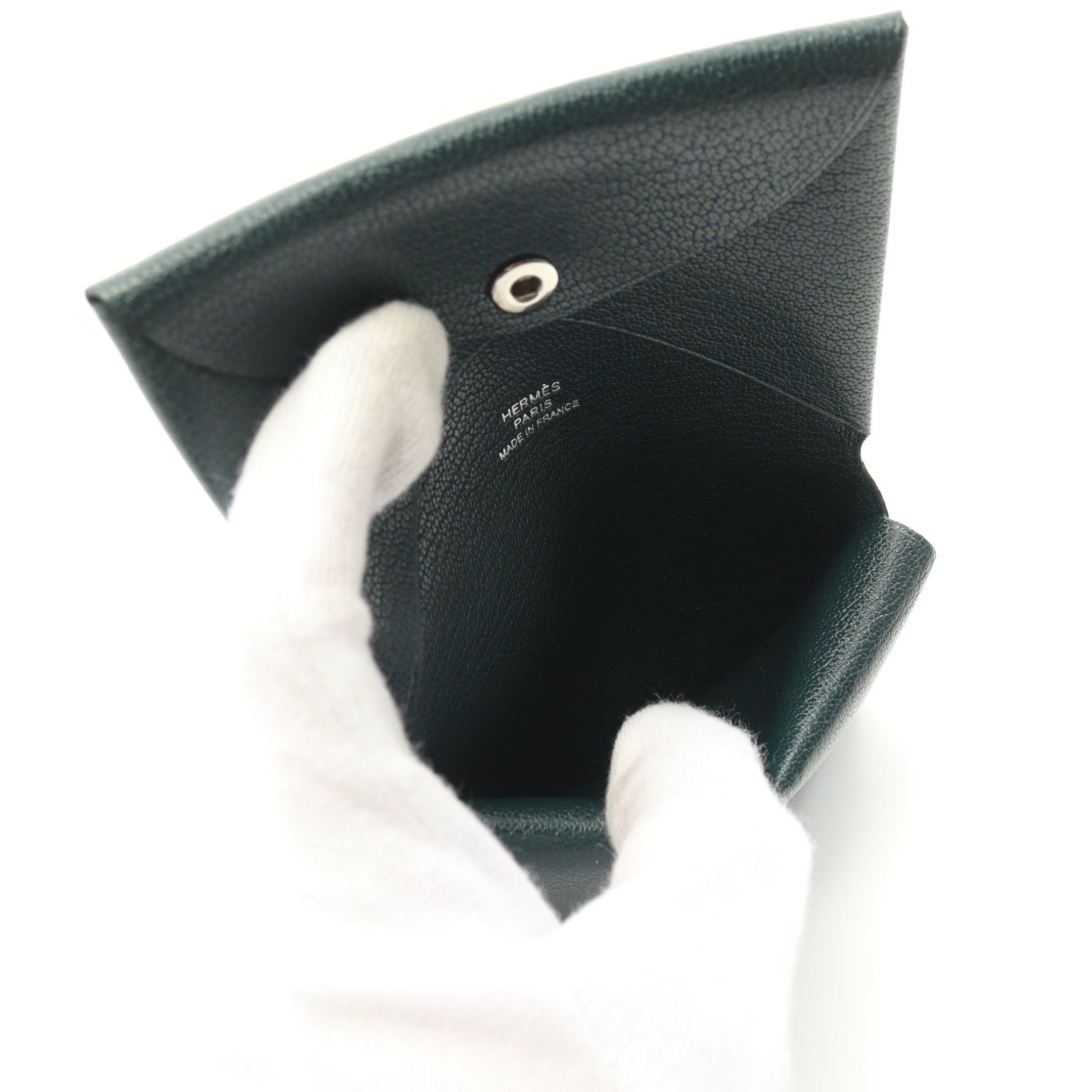 Hermes Hermes Calviduo Vert Anglais Coin Purse Chevre Dark Green Silver Hardware Double Engraved Size ONE SIZE - 4 Thumbnail