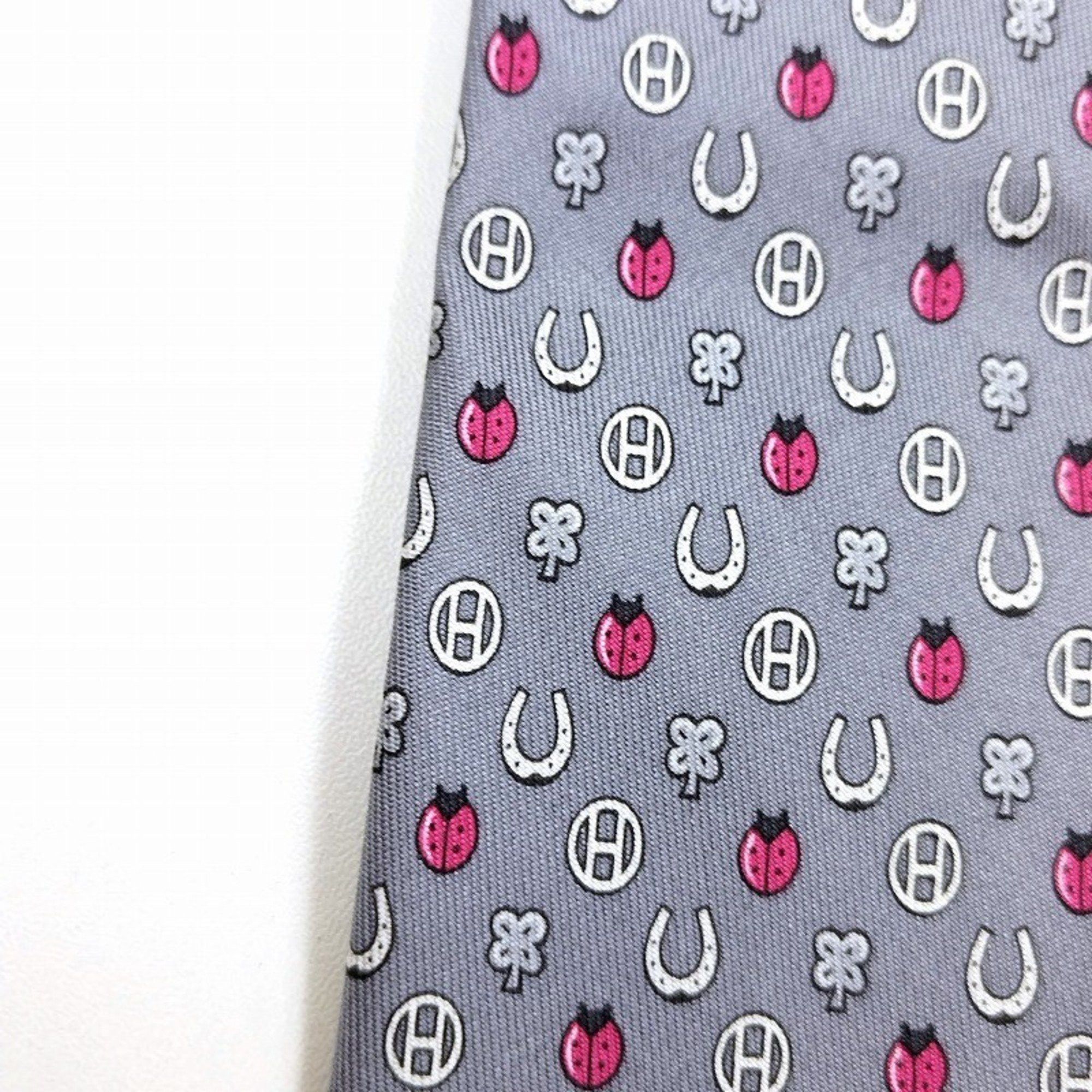 HERMES 100% Silk Tie 606012OA Ladybug Horseshoe H Gray JA-19786