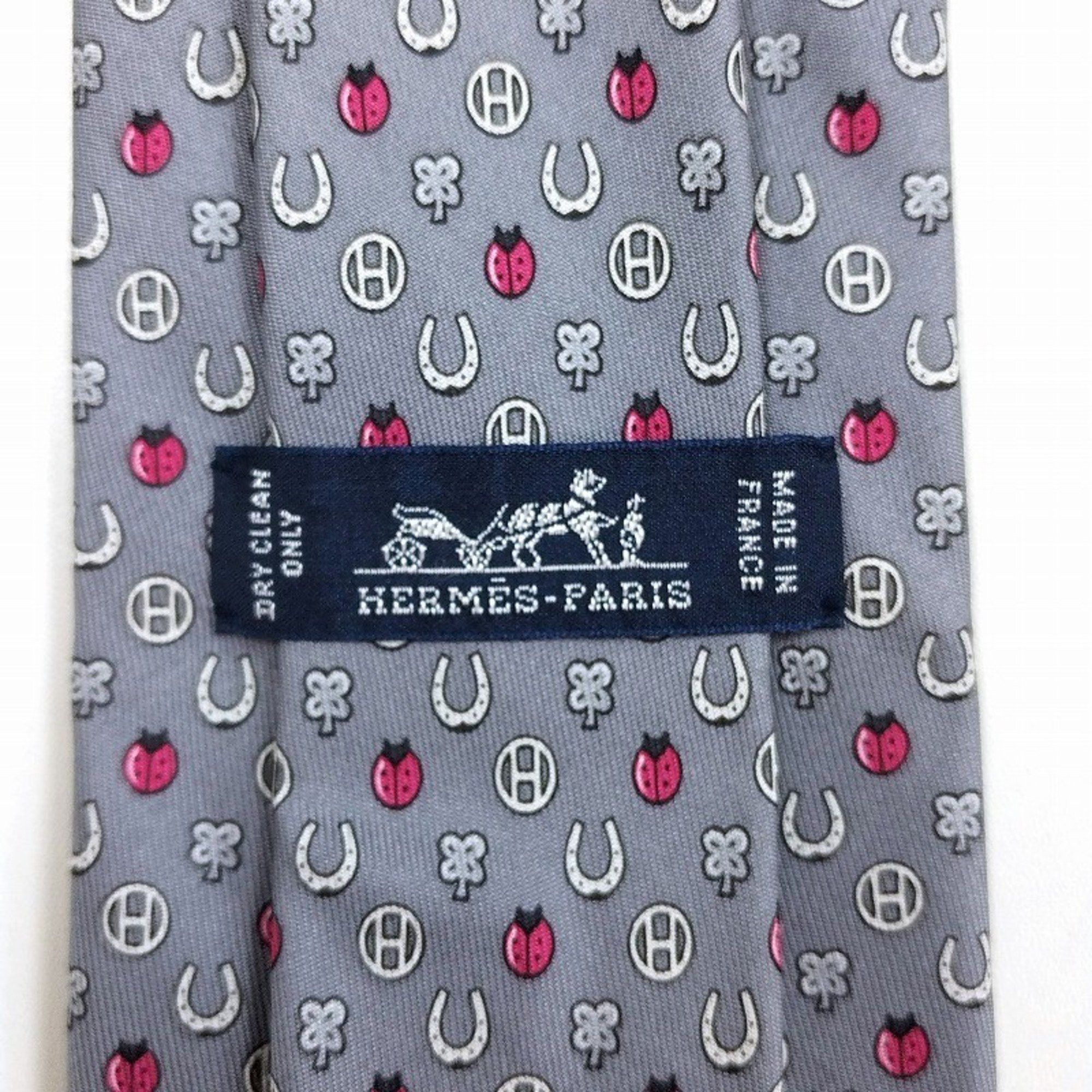 HERMES 100% Silk Tie 606012OA Ladybug Horseshoe H Gray JA-19786