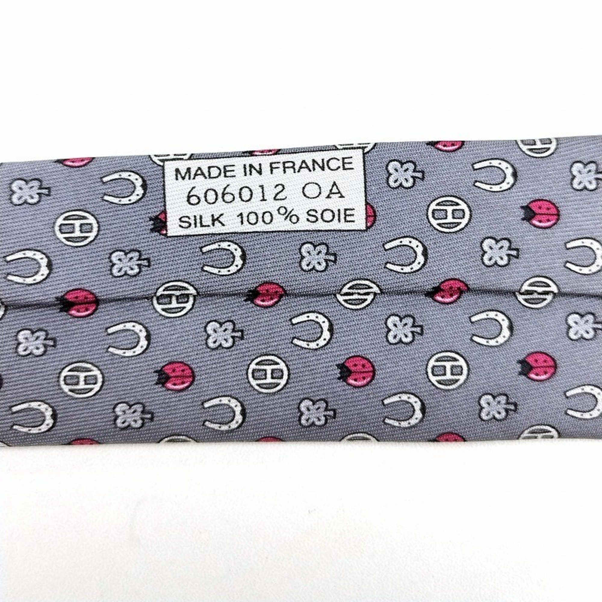 HERMES 100% Silk Tie 606012OA Ladybug Horseshoe H Gray JA-19786