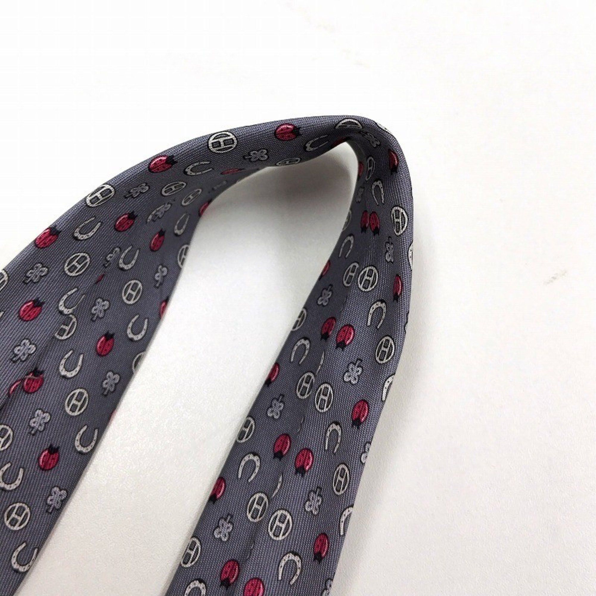 HERMES 100% Silk Tie 606012OA Ladybug Horseshoe H Gray JA-19786