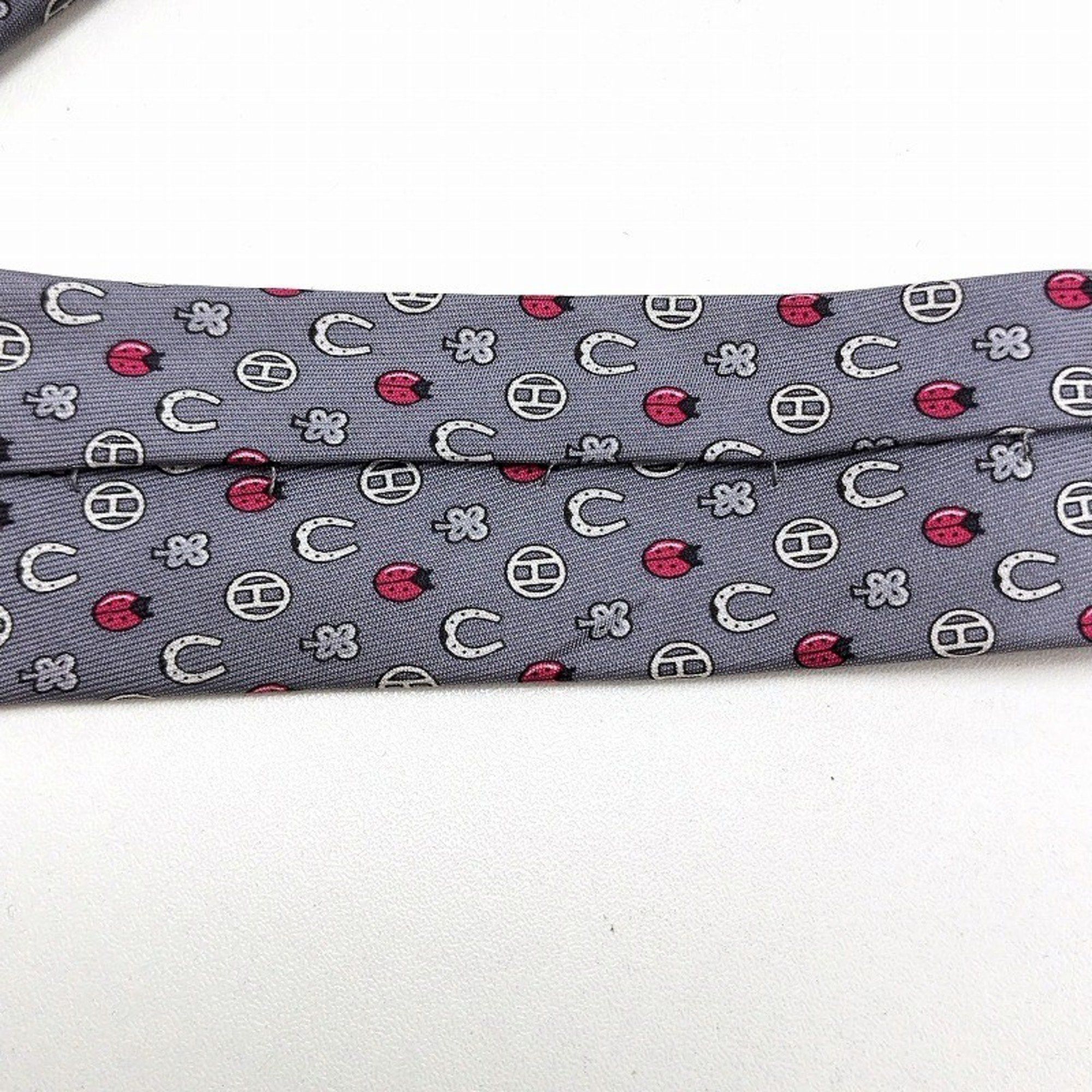 HERMES 100% Silk Tie 606012OA Ladybug Horseshoe H Gray JA-19786