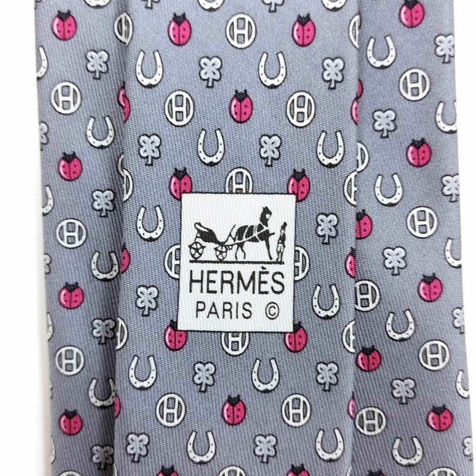 HERMES 100% Silk Tie 606012OA Ladybug Horseshoe H Gray JA-19786