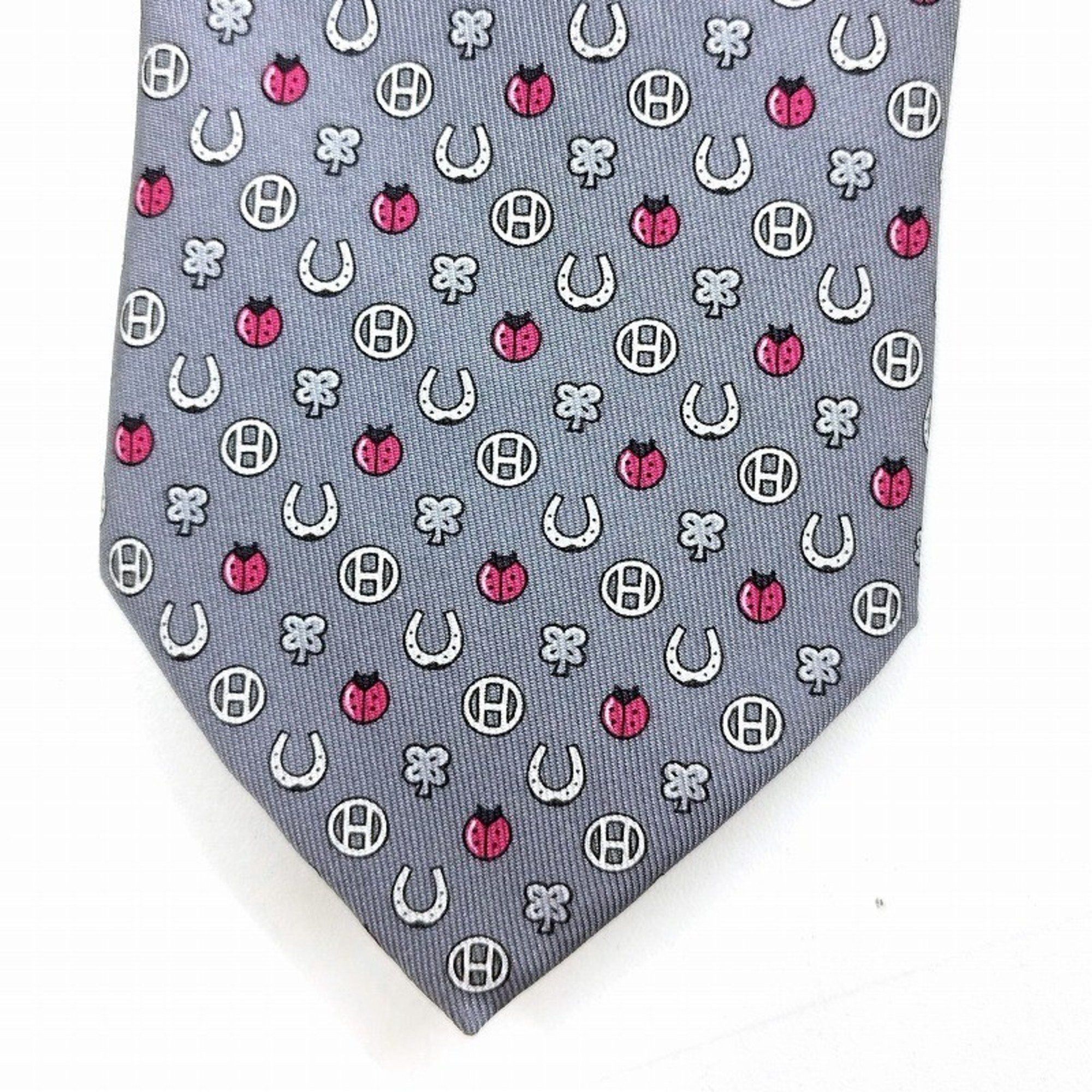 HERMES 100% Silk Tie 606012OA Ladybug Horseshoe H Gray JA-19786