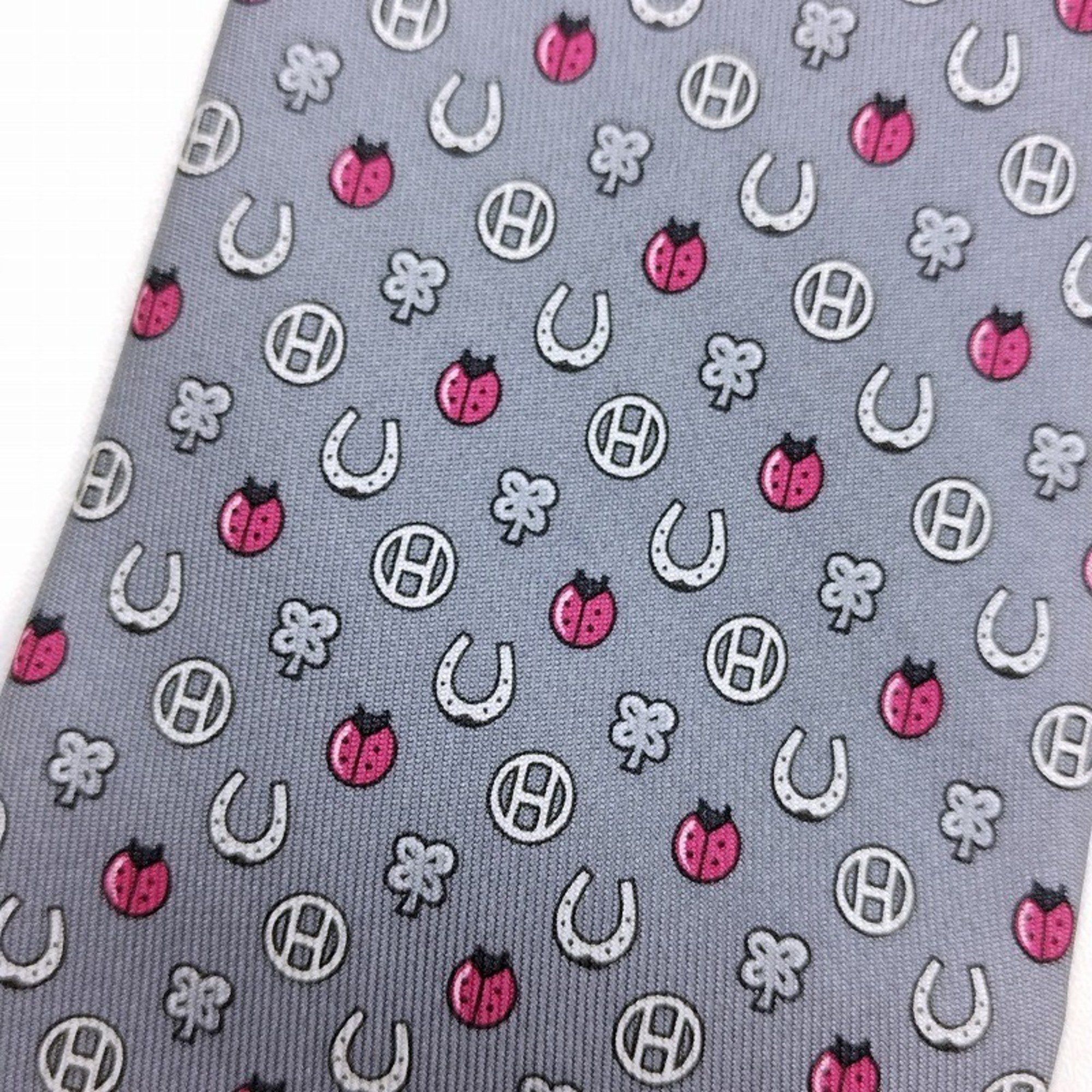 HERMES 100% Silk Tie 606012OA Ladybug Horseshoe H Gray JA-19786