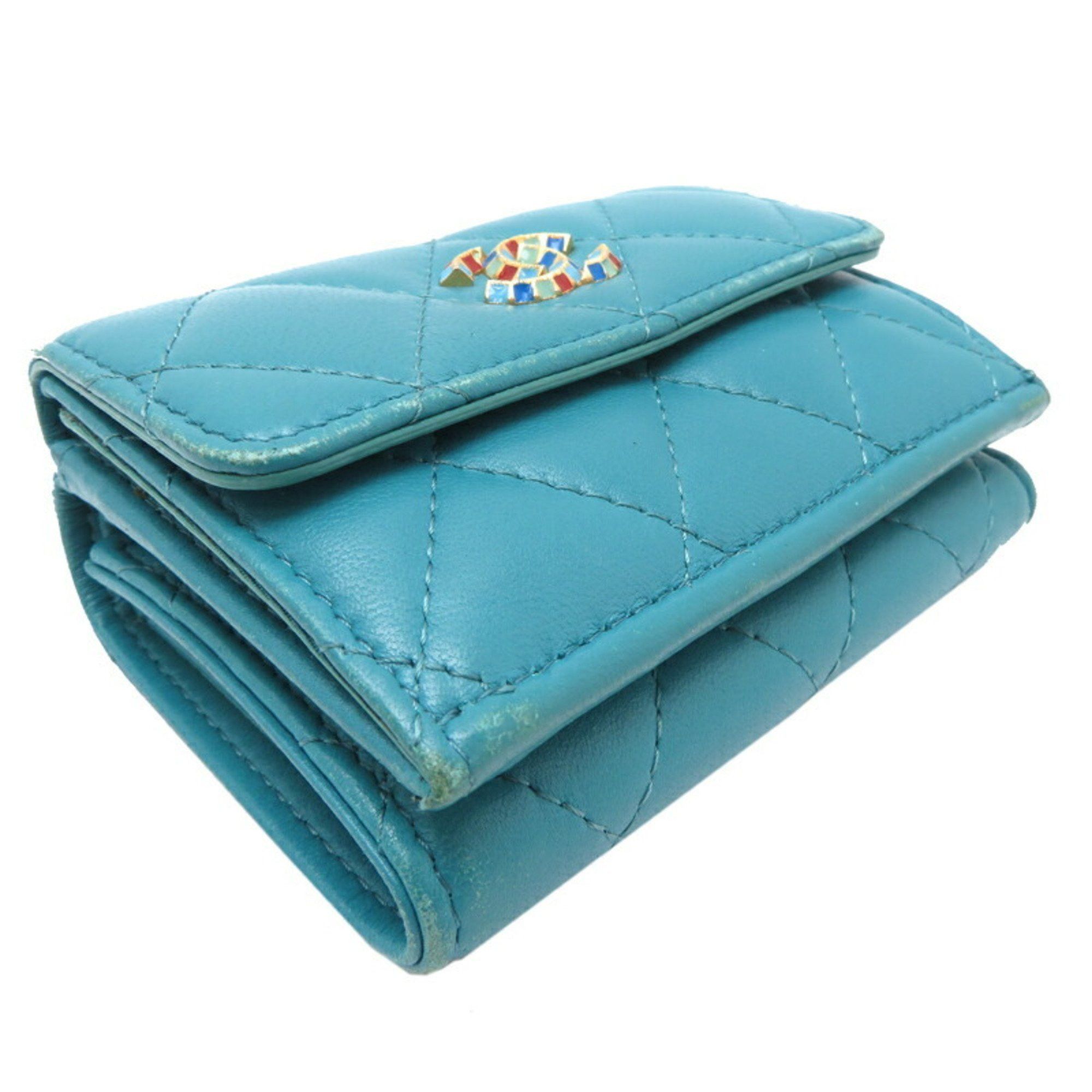Chanel Chanel Coco Mark Tri-fold Wallet for Women, Leather, Turquoise (Blue) Size ONE SIZE - 3 Thumbnail