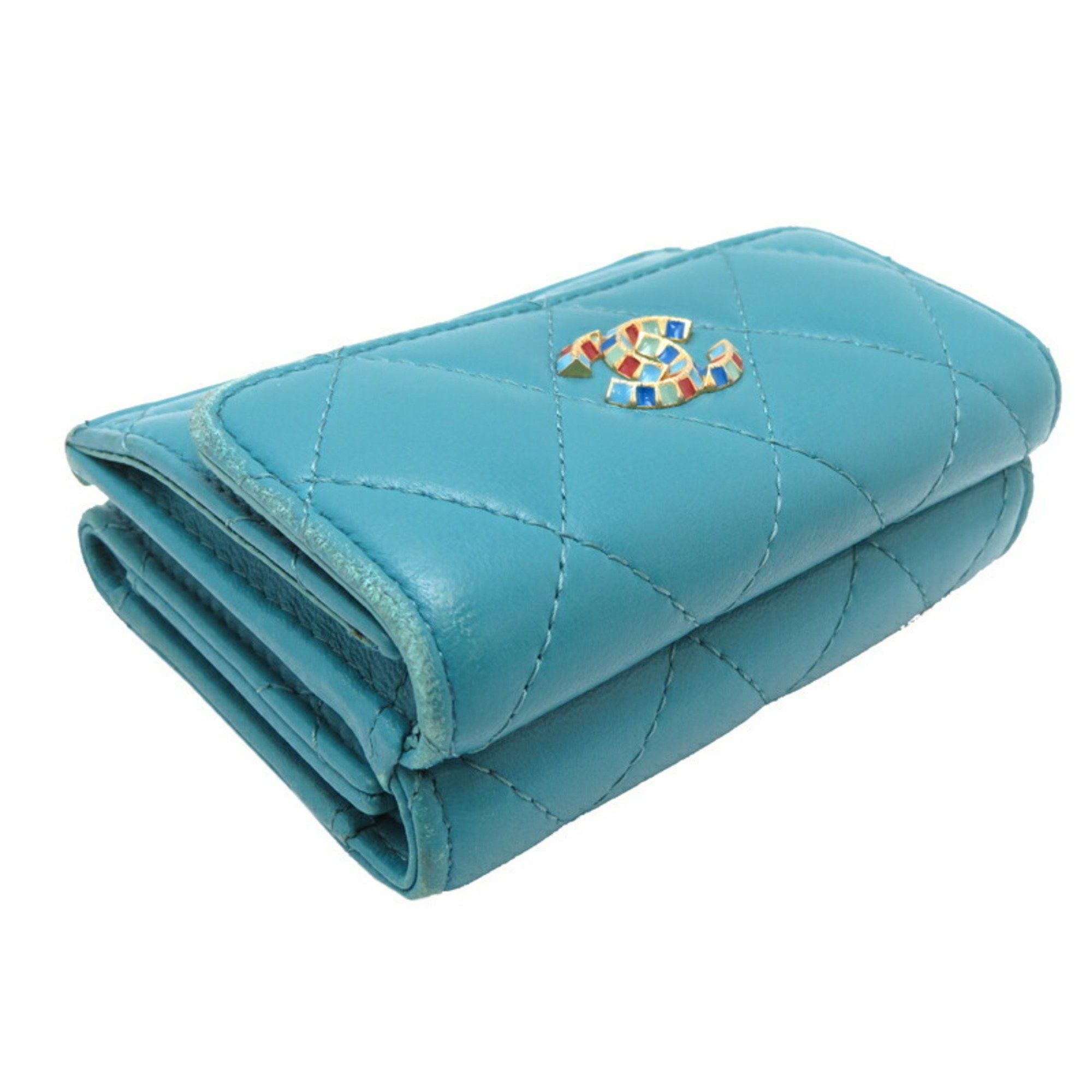 Chanel Chanel Coco Mark Tri-fold Wallet for Women, Leather, Turquoise (Blue) Size ONE SIZE - 4 Thumbnail