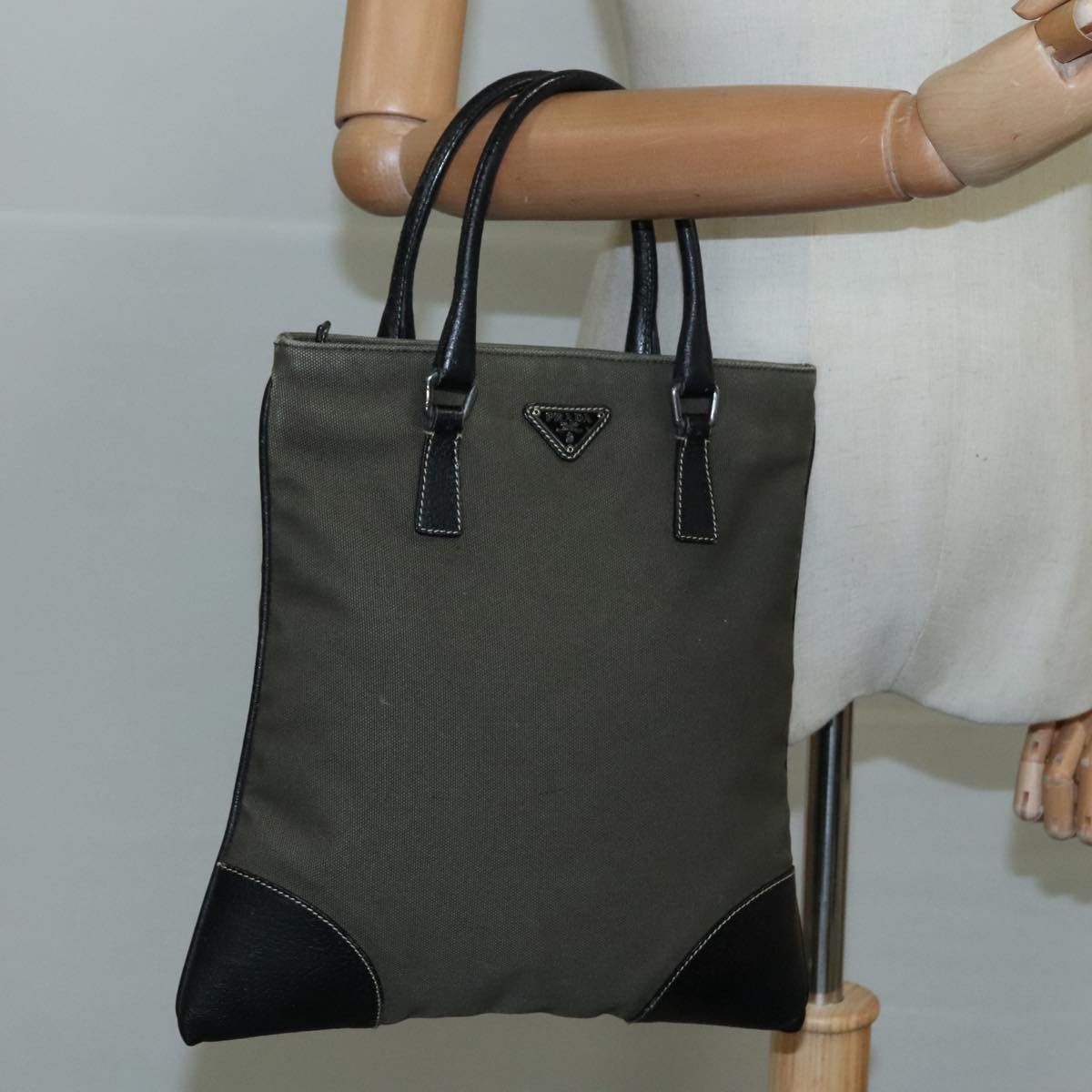Prada Triangle Logo Khaki Canvas Handbag (Pre-Owned) Size ONE SIZE - 16 Thumbnail