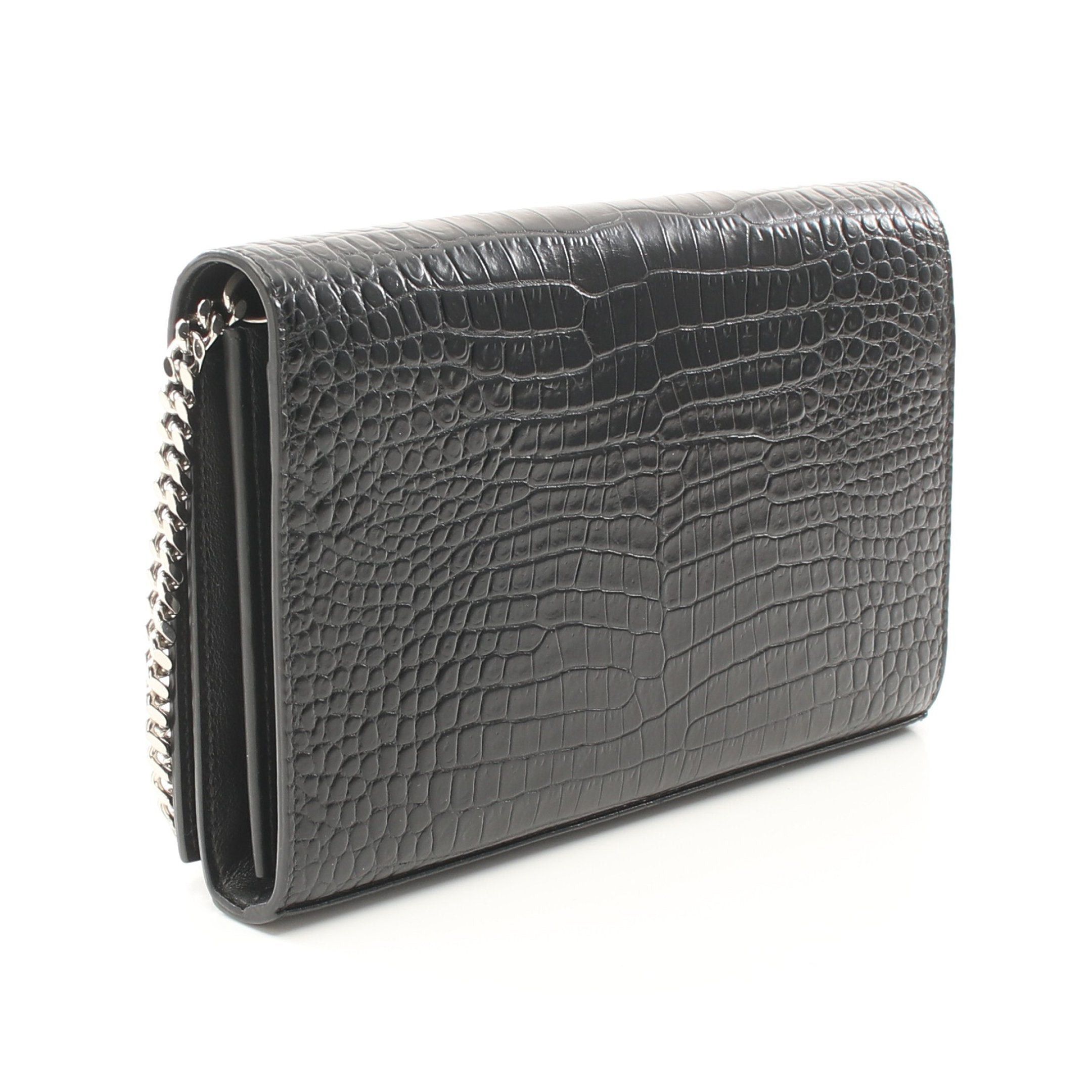 Yves Saint Laurent Yves Saint Laurent Ysl Line Monogram Chain Wallet Croc Embossed Leather Black Size ONE SIZE - 2 Thumbnail