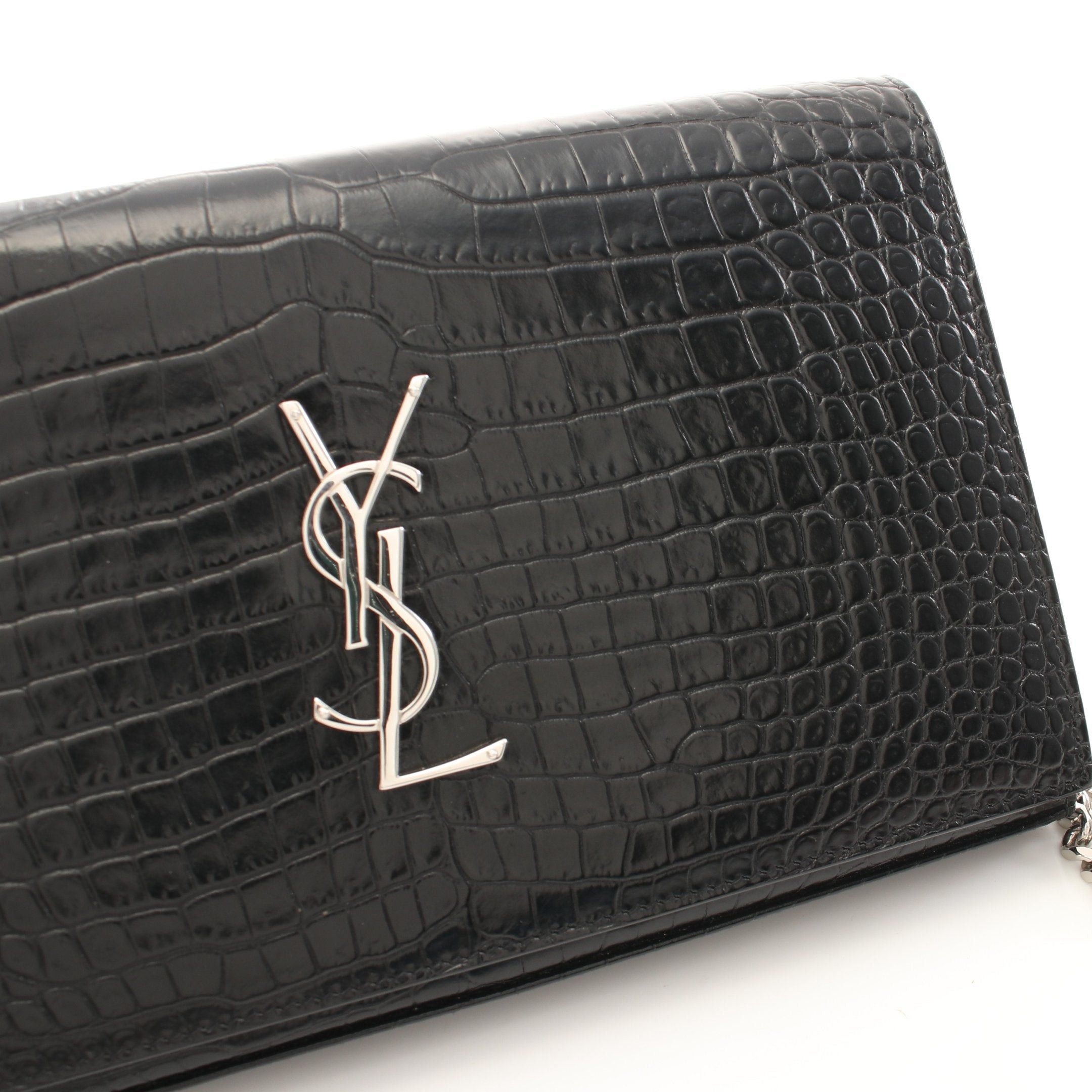 Yves Saint Laurent Yves Saint Laurent Ysl Line Monogram Chain Wallet Croc Embossed Leather Black Size ONE SIZE - 6 Thumbnail