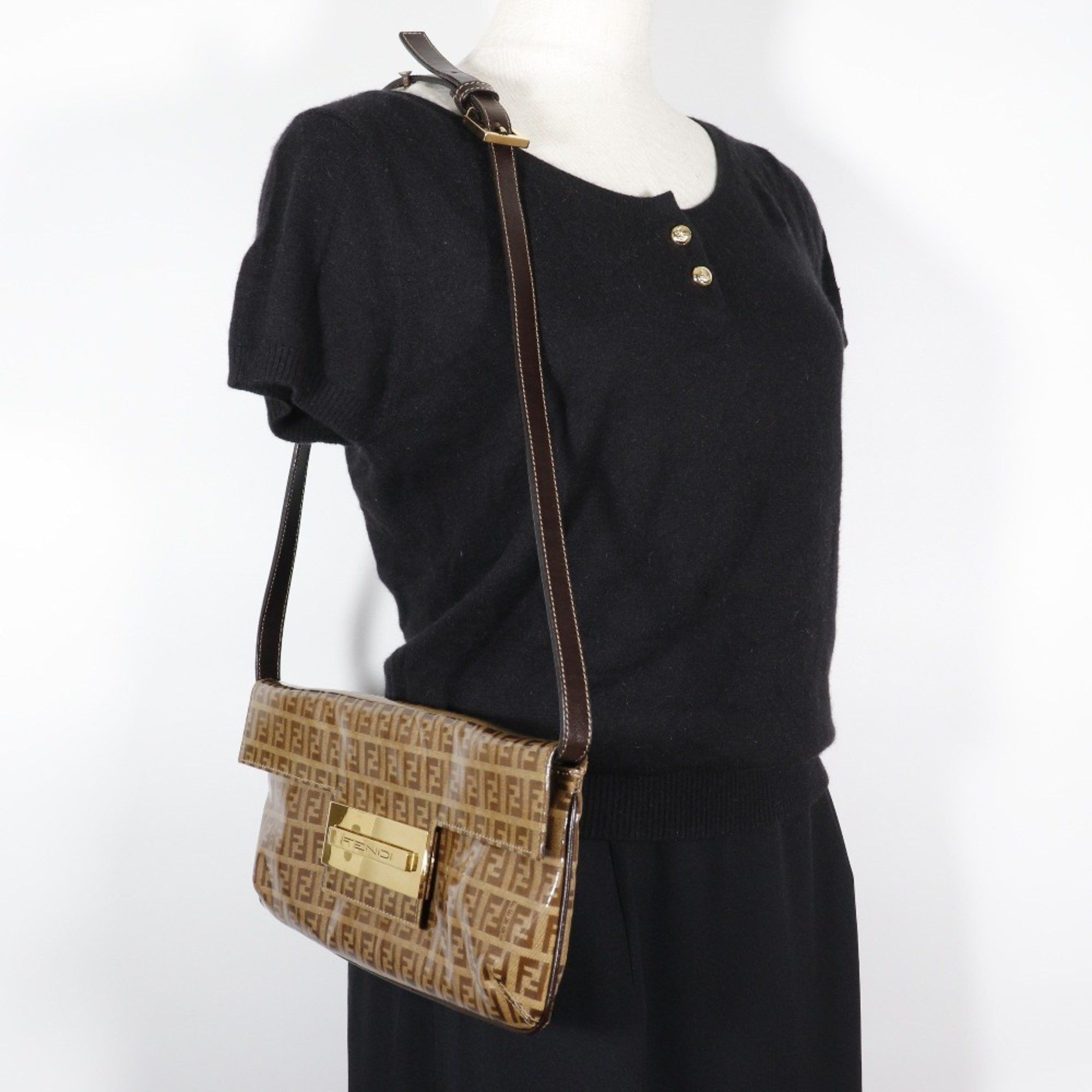 Fendi FENDI Mamma Bucket Shoulder Bag Zucchino Clutch Vinyl Brown 2way Women's Size ONE SIZE - 14 Thumbnail