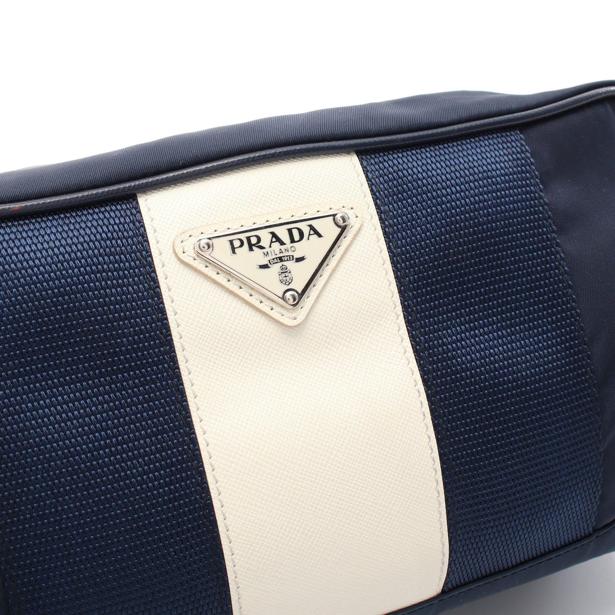 Prada Prada Clutch Bag Second Bicolor Nylon Saffiano Leather Navy Ivory Prada Logo Plate Size ONE SIZE - 8 Thumbnail