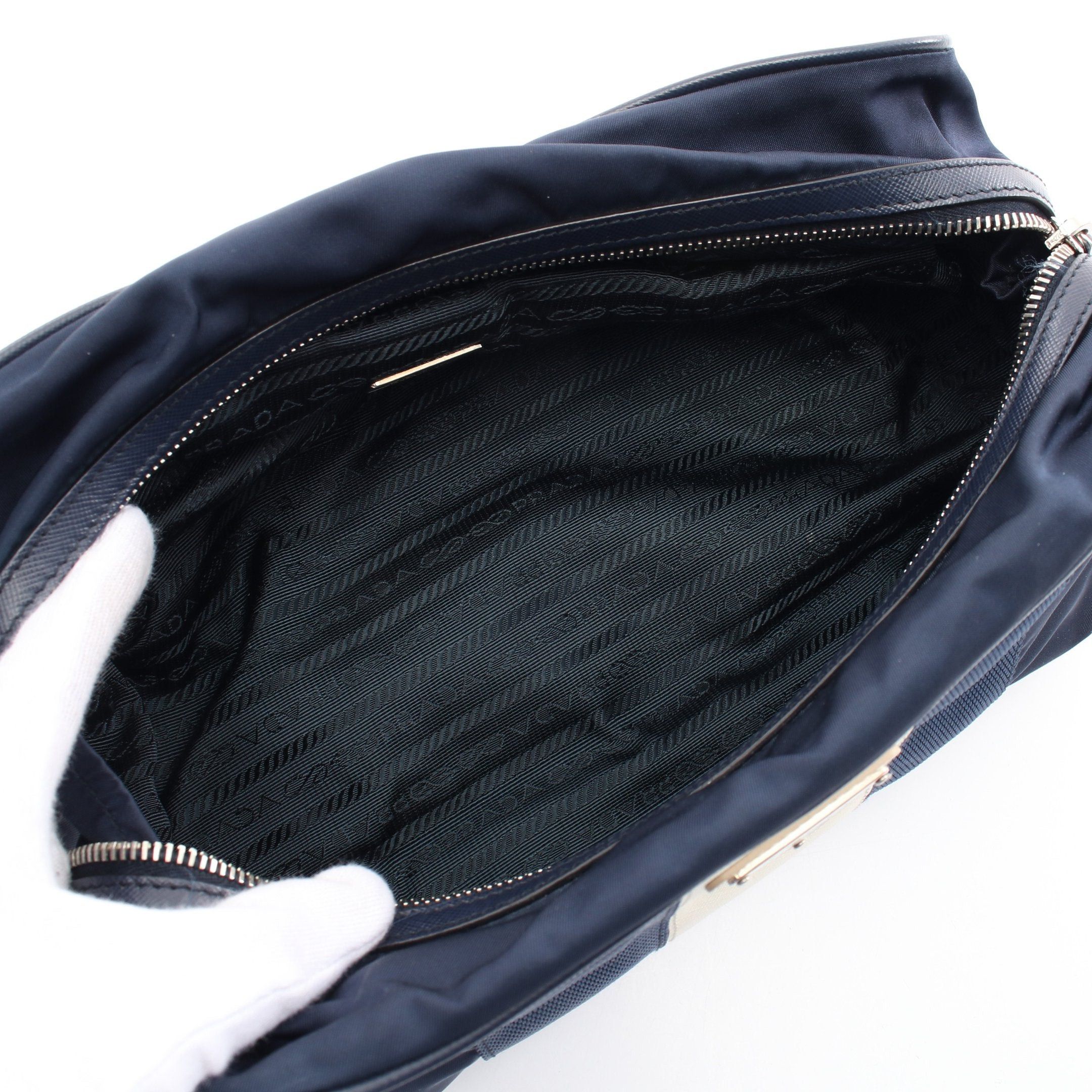 Prada Prada Clutch Bag Second Bicolor Nylon Saffiano Leather Navy Ivory Prada Logo Plate Size ONE SIZE - 3 Thumbnail