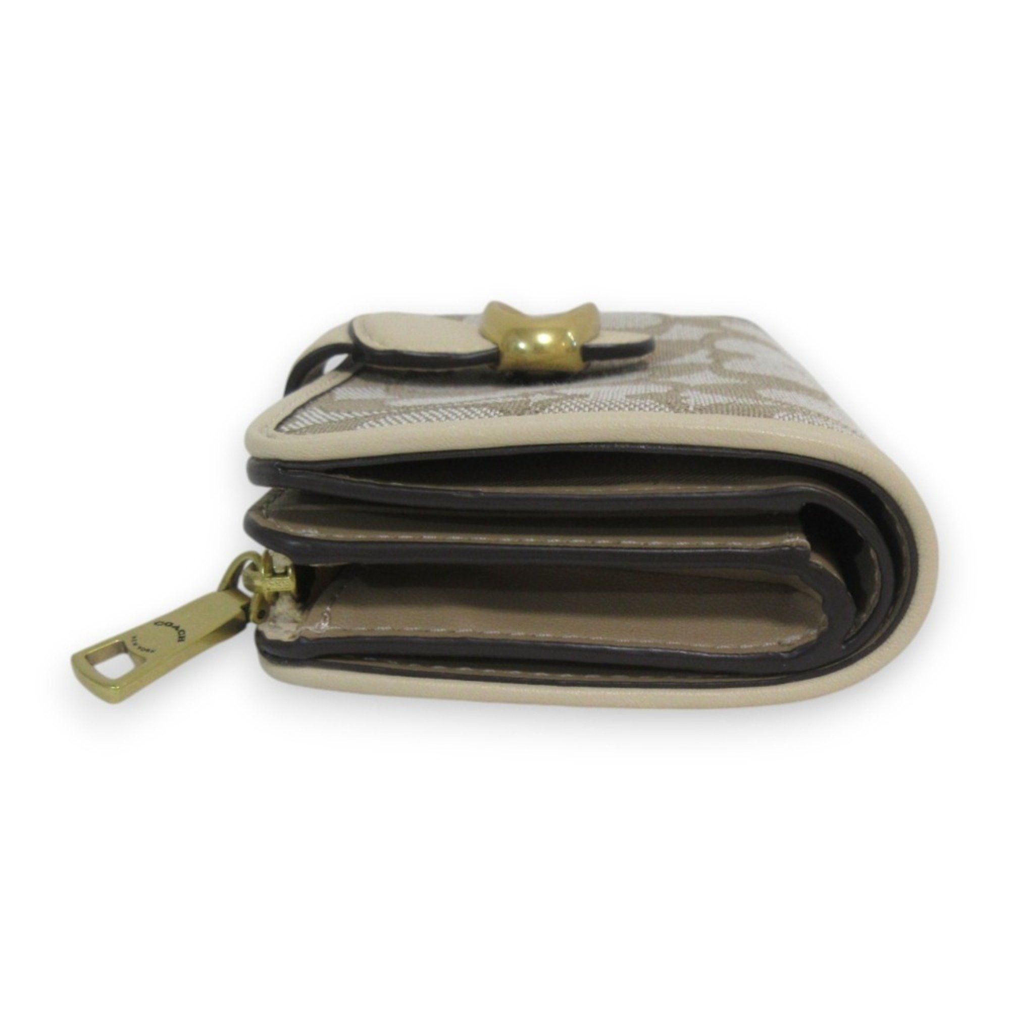 Coach COACH Leather Signature Jacquard Tabby Bi-fold Wallet Compact CA194 Beige x Gold Hardware Women's Size ONE SIZE - 7 Thumbnail