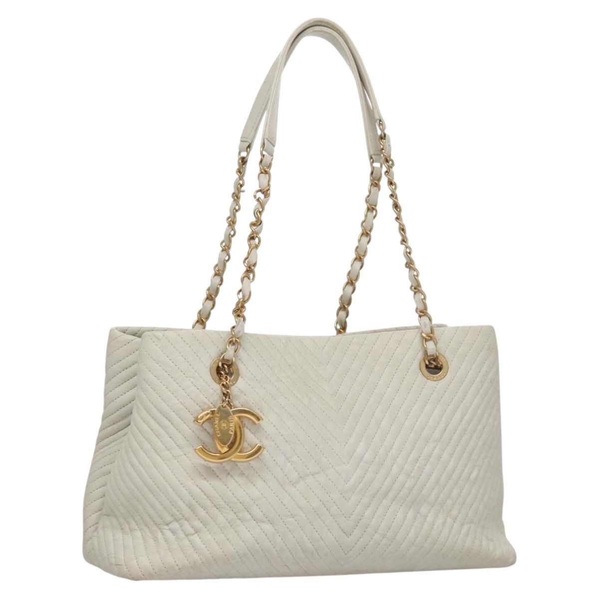 Chanel V-Stich White Leather Tote Bag (Pre-Owned) Size ONE SIZE - 17 Thumbnail