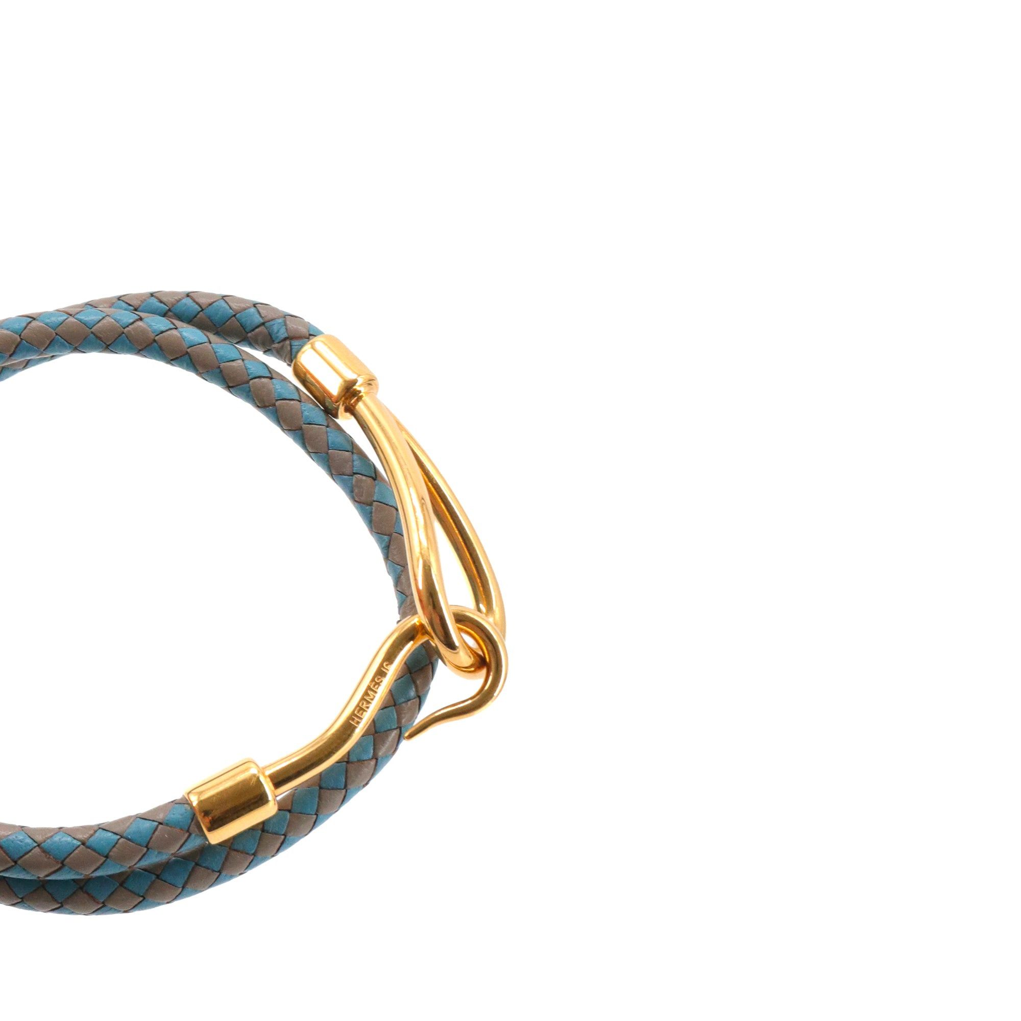 Hermes HERMÈS - Hermès Jumbo H double wrap bracelet in etoupe and blue braided leather (T3) Size ONE SIZE - 5 Thumbnail