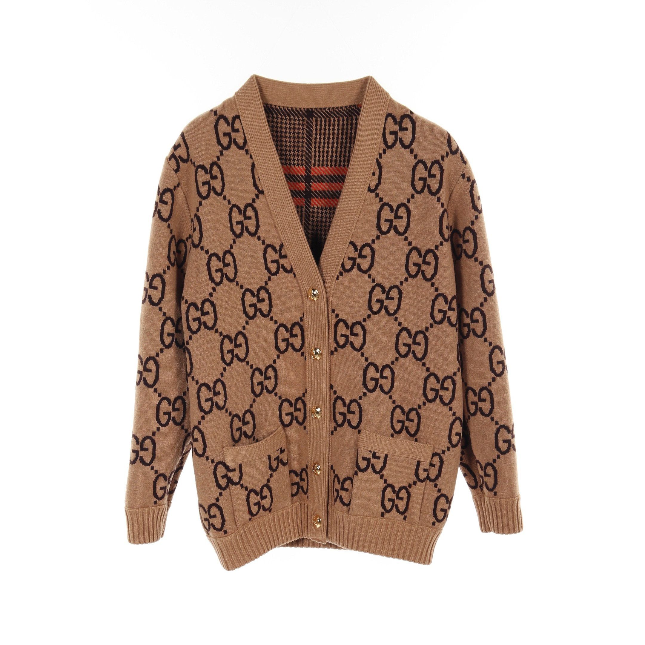 Gucci Gucci Gg Pattern Cardigan Glen Check Wool Light Brown Dark Orange Reversible Size ONE SIZE - 3 Thumbnail