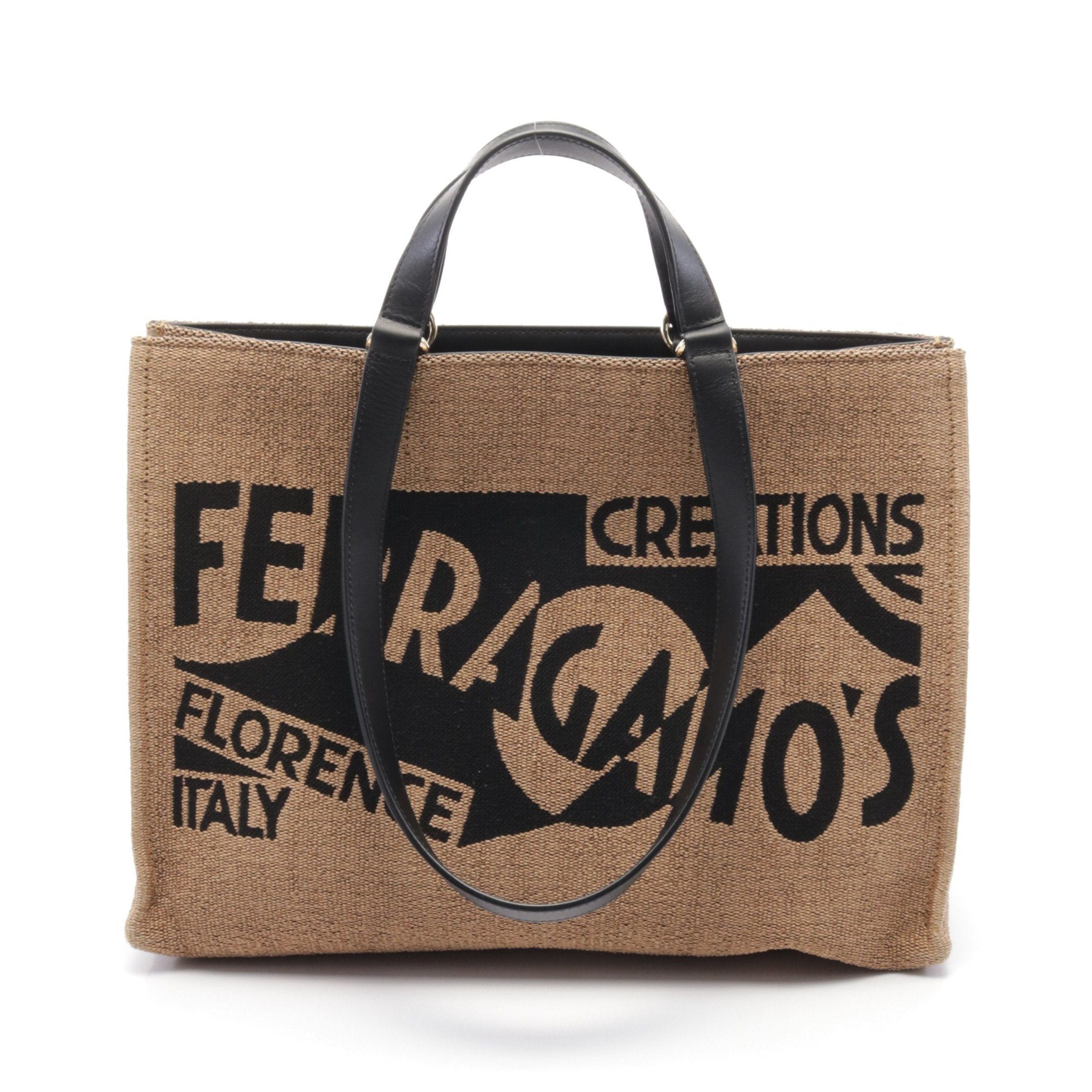 Salvatore Ferragamo Salvatore Ferragamo Handbag Tote Bag Logo Raffia Leather Khaki Brown Black Size ONE SIZE - 3 Thumbnail