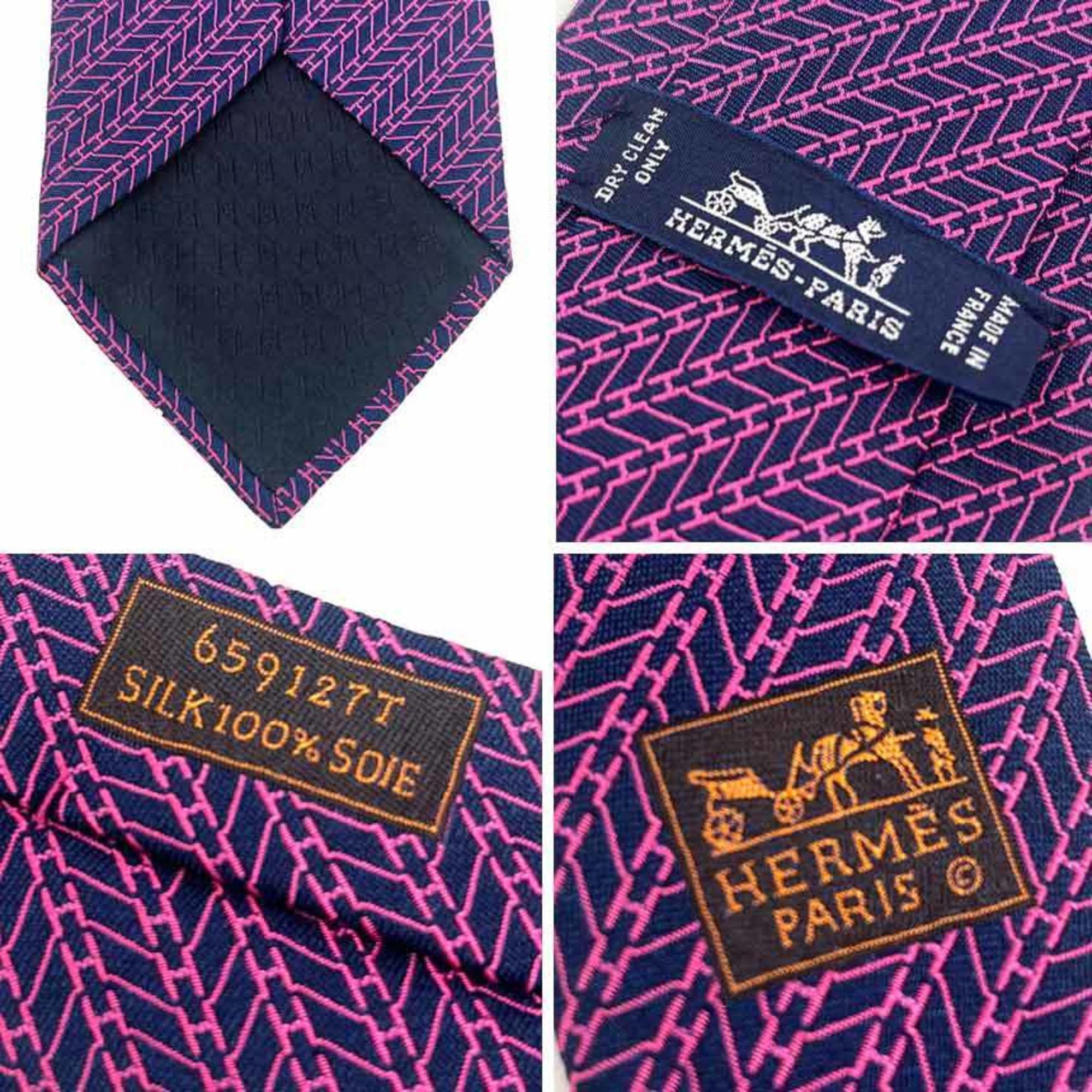 Hermes tie H pattern 100% silk navy x pink men's - www.joarbit.com