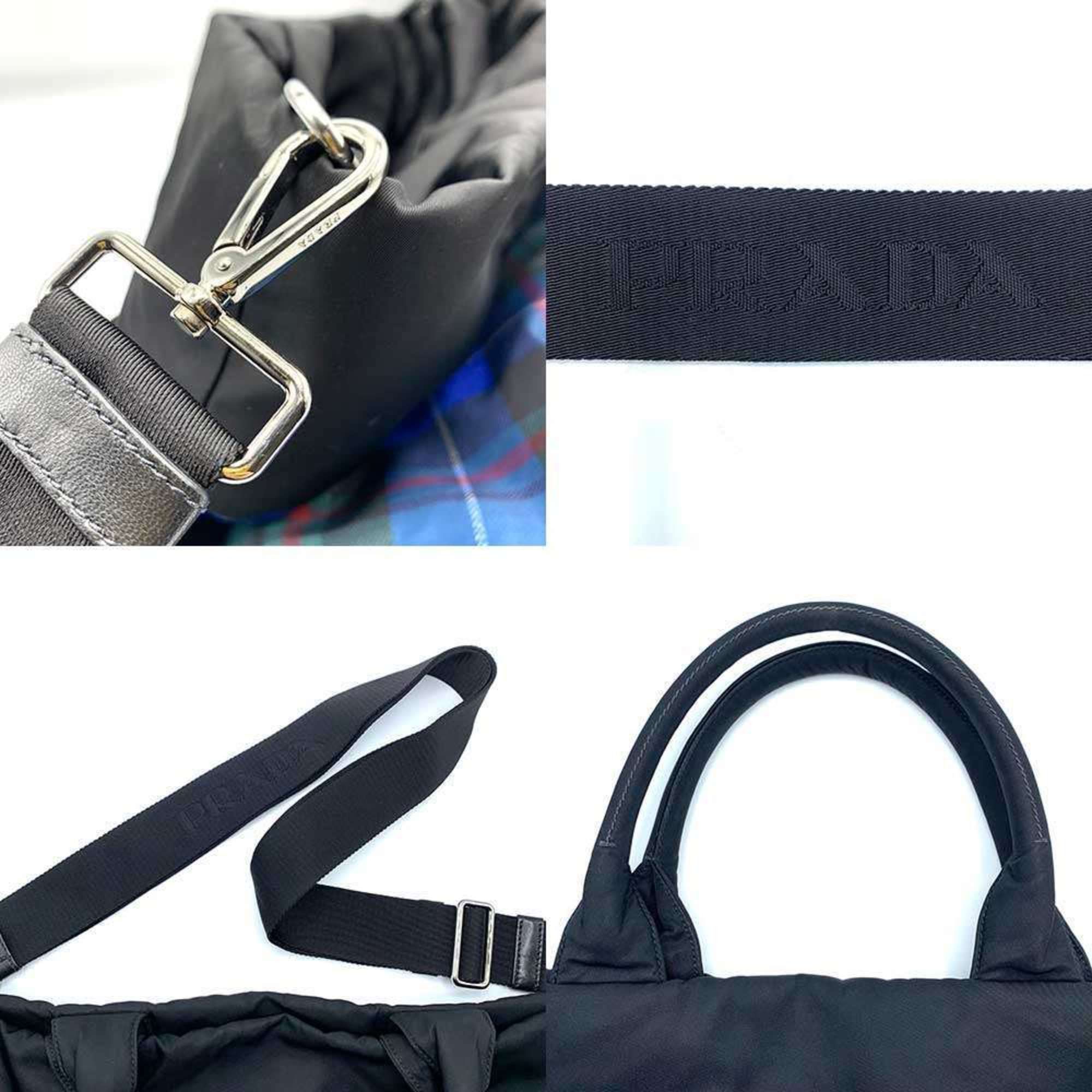 Prada Prada Handbag BR4521 Black Blue Nylon Leather Reversible Check Pattern Shoulder Bag Women's PRADA Size ONE SIZE - 7 Thumbnail