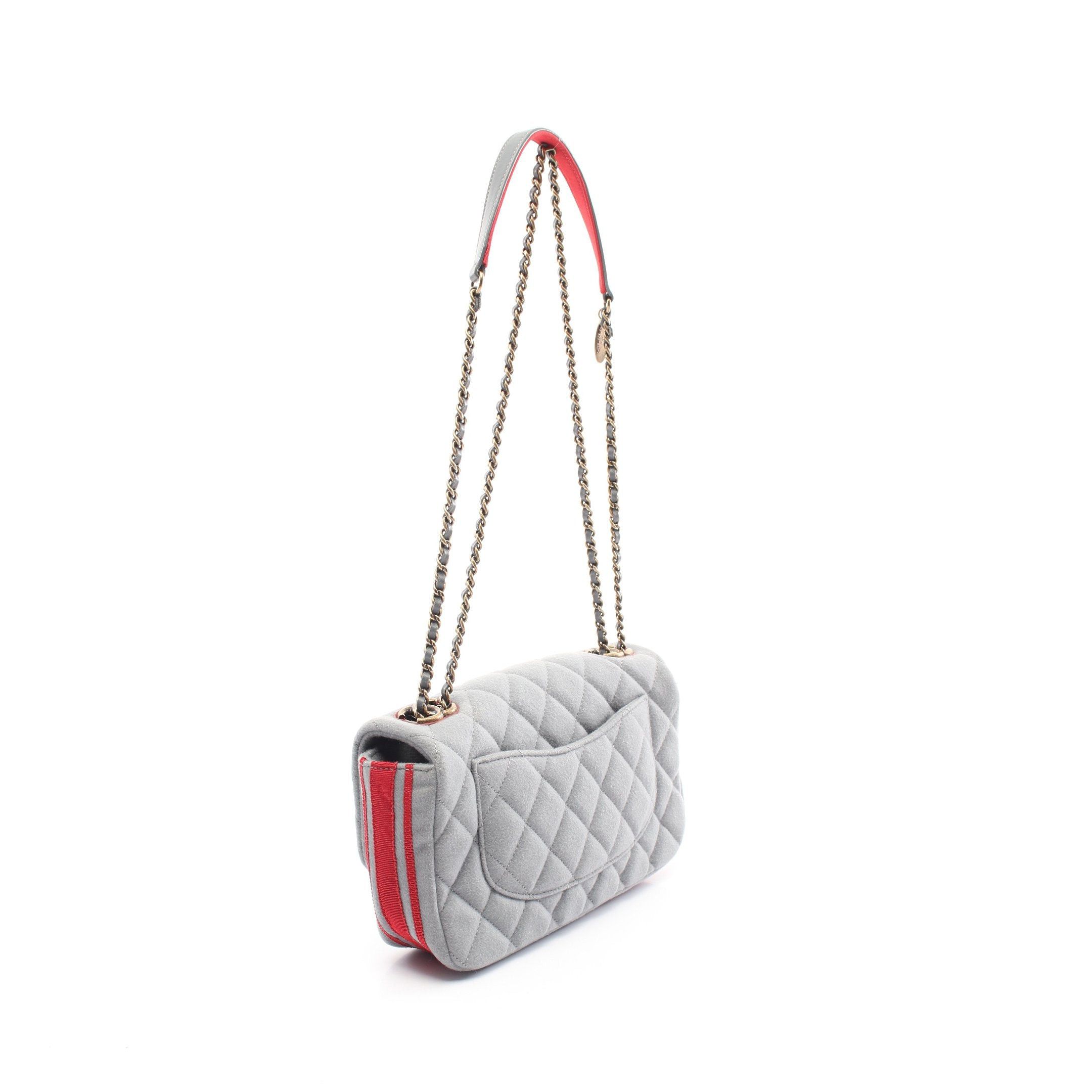Chanel Chanel Matelasse Double Chain Shoulder Bag Feutre Leather Canvas Gray Red Antique Gold Hardware Size ONE SIZE - 2 Thumbnail