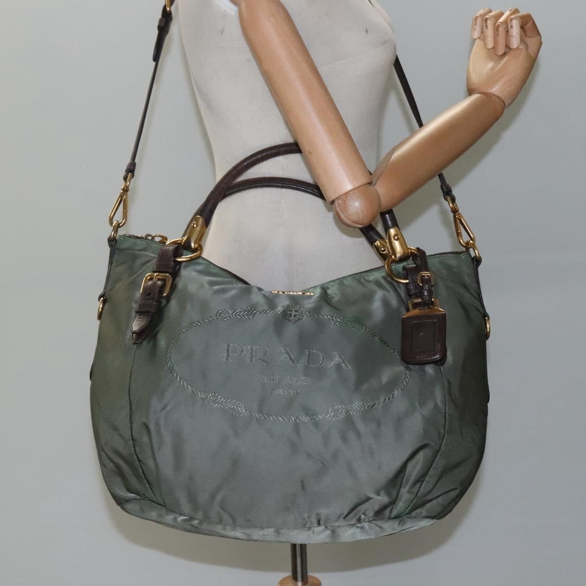 Prada Logo Jacquard Khaki Synthetic Handbag (Pre-Owned) Size ONE SIZE - 17 Thumbnail