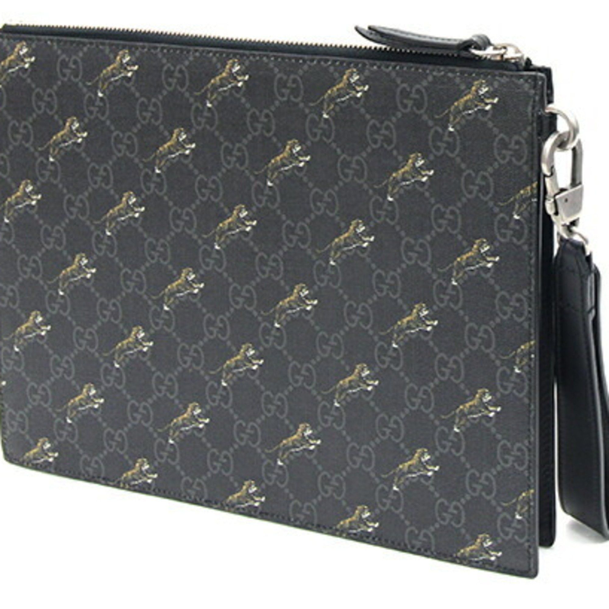 Gucci Clutch Bag GG Supreme Tiger Print 575136 Black PVC Leather Second Men's GUCCI