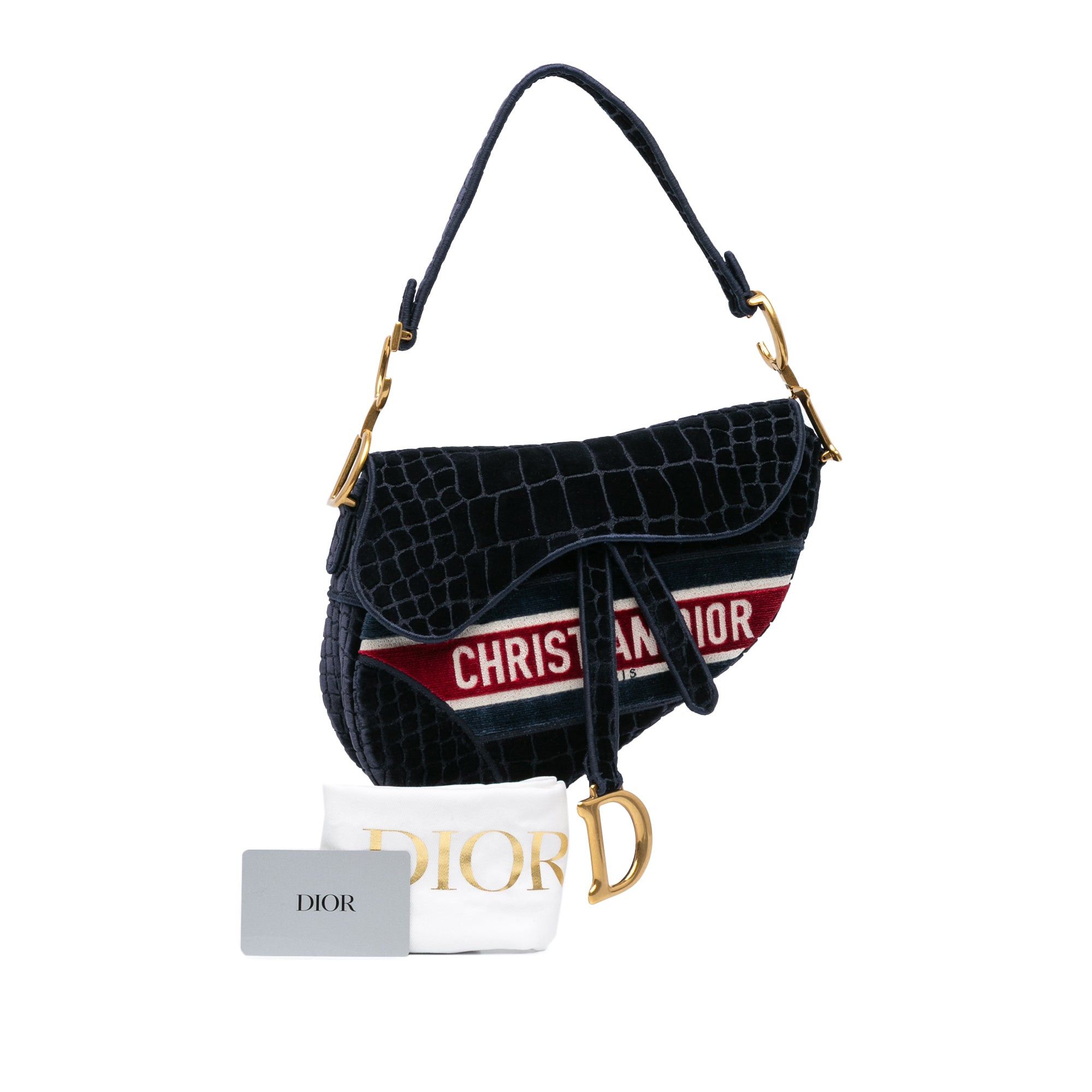 Dior Dior Velvet Crocodile Effect Embroidered Saddle Bag Blue Size ONE SIZE - 9 Thumbnail