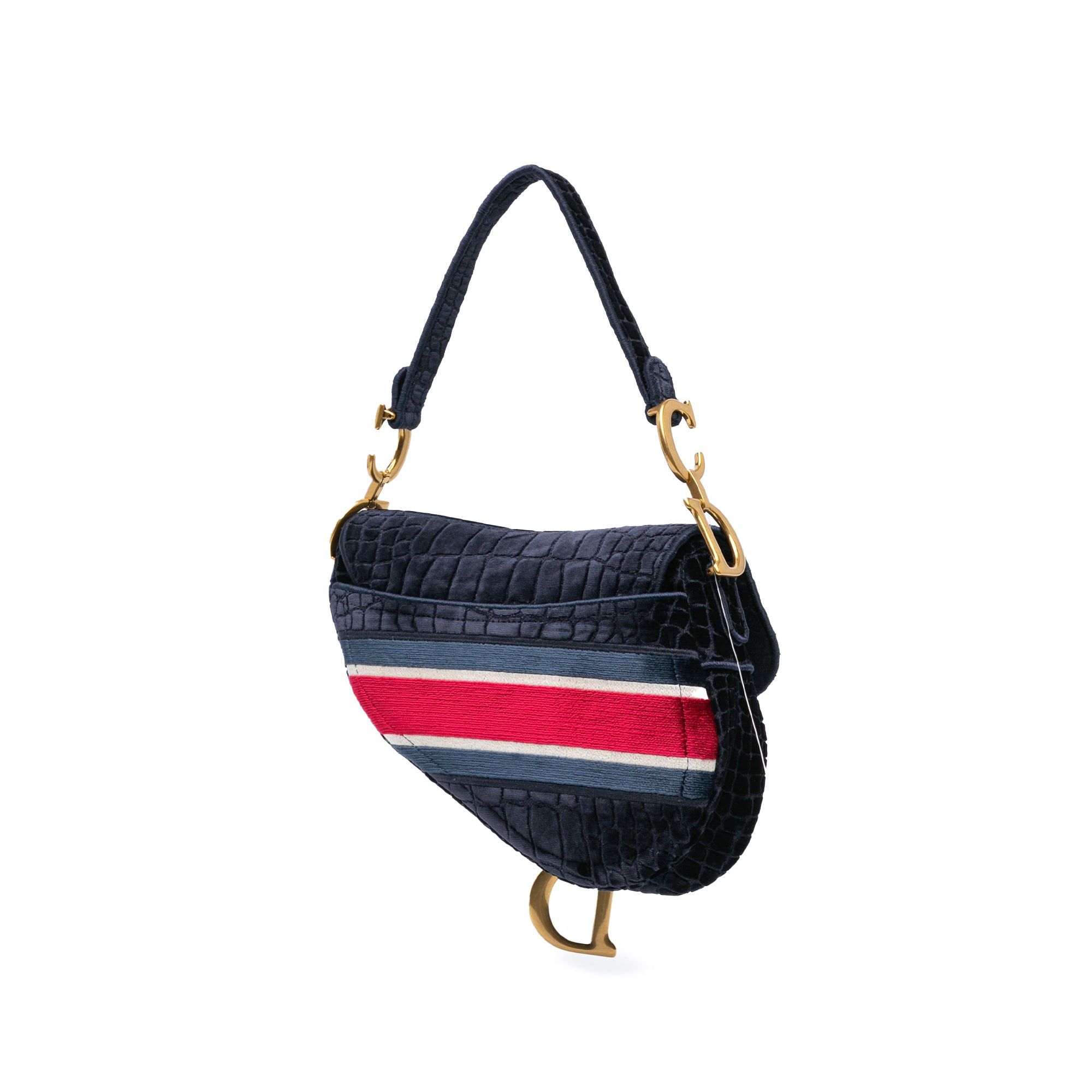 Dior Dior Velvet Crocodile Effect Embroidered Saddle Bag Blue Size ONE SIZE - 2 Thumbnail