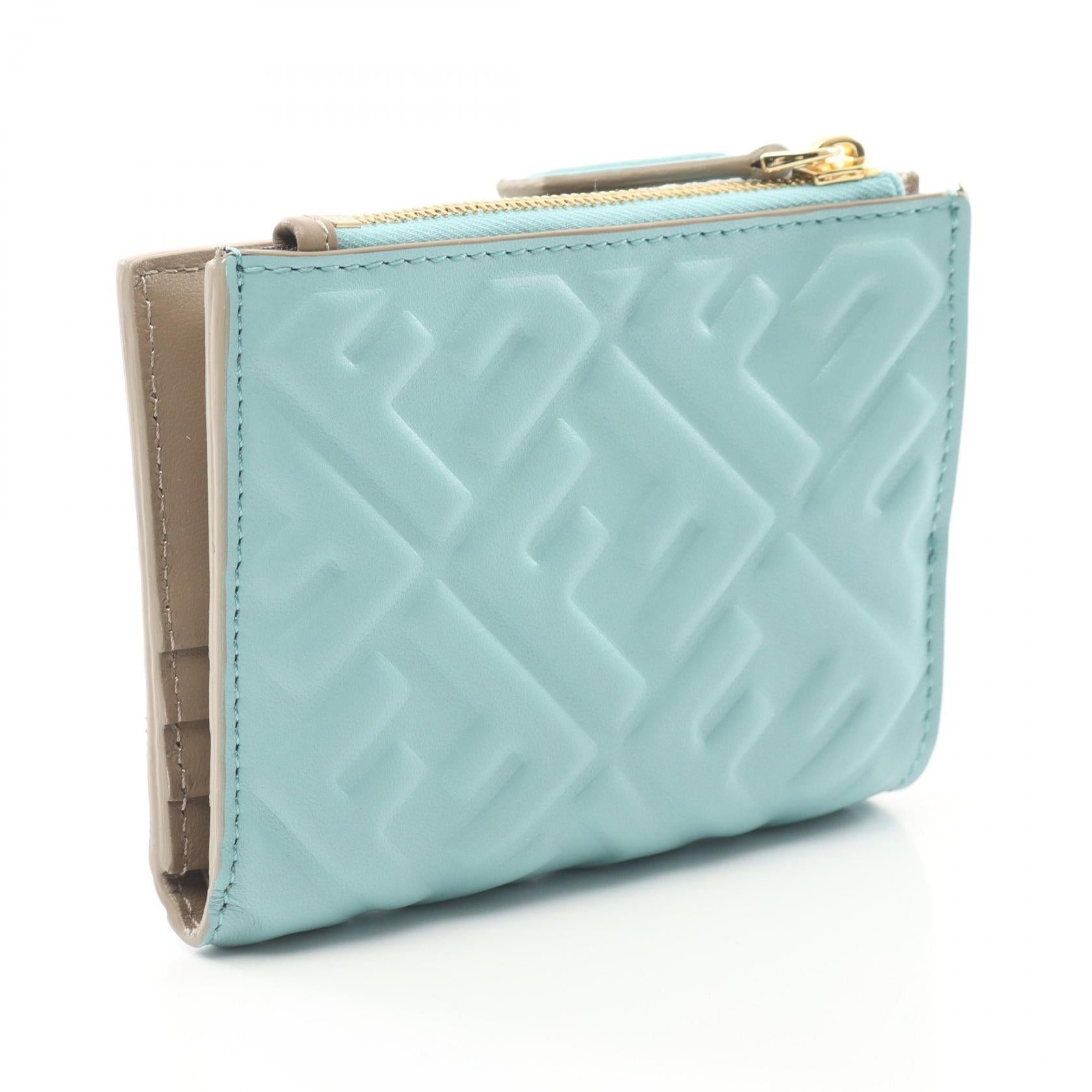Fendi Fendi Slim Baguette Ff Pattern Bi-Fold Wallet Leather Light Blue Gray Beige Size ONE SIZE - 2 Thumbnail