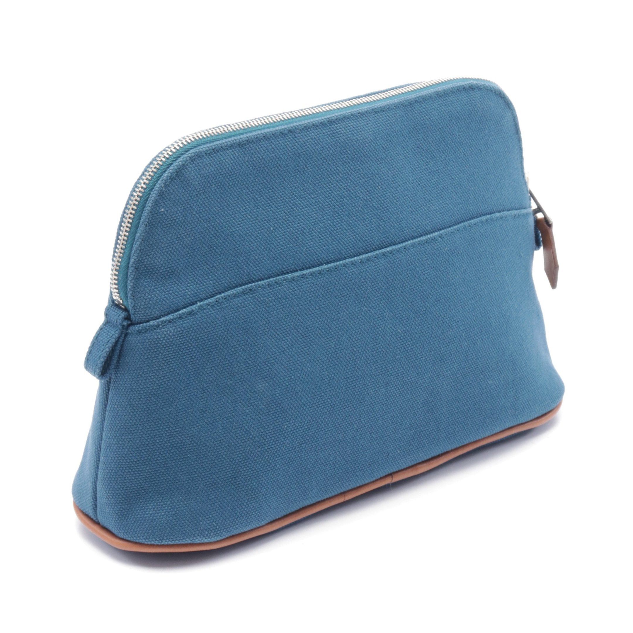 Hermes Hermes Bolide Pouch Mini Blue Petrol Cosmetic Canvas Leather Green Brown Silver Hardware Size ONE SIZE - 2 Thumbnail
