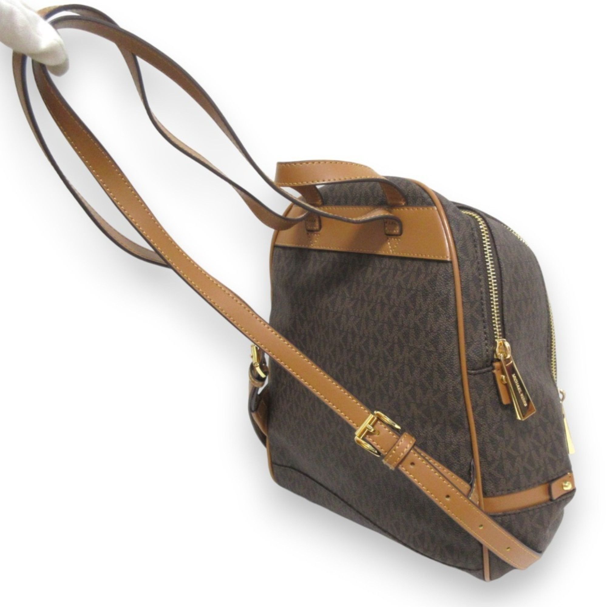 Michael Kors MICHAEL KORS RHEA Leather MK Signature Backpack, Brown x Gold Hardware, Women's Size ONE SIZE - 2 Thumbnail