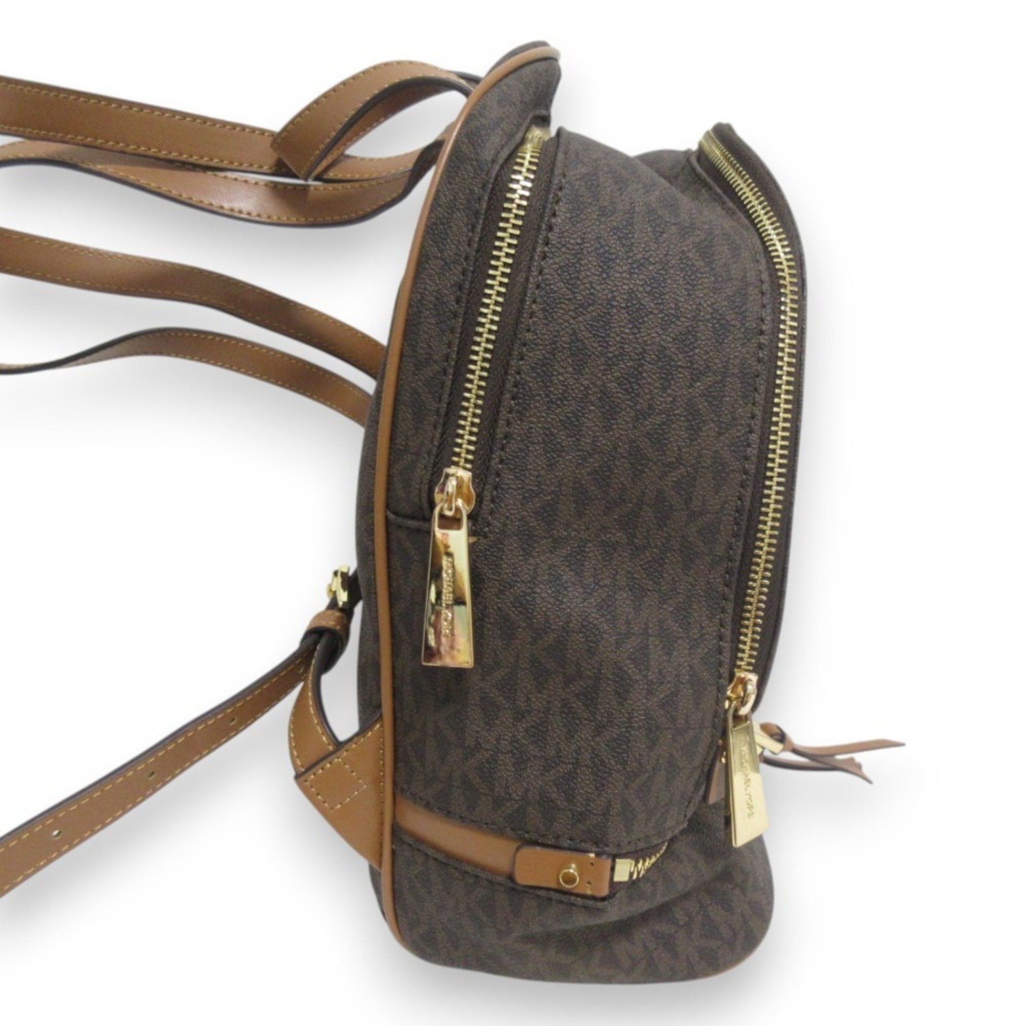Michael Kors MICHAEL KORS RHEA Leather MK Signature Backpack, Brown x Gold Hardware, Women's Size ONE SIZE - 3 Thumbnail