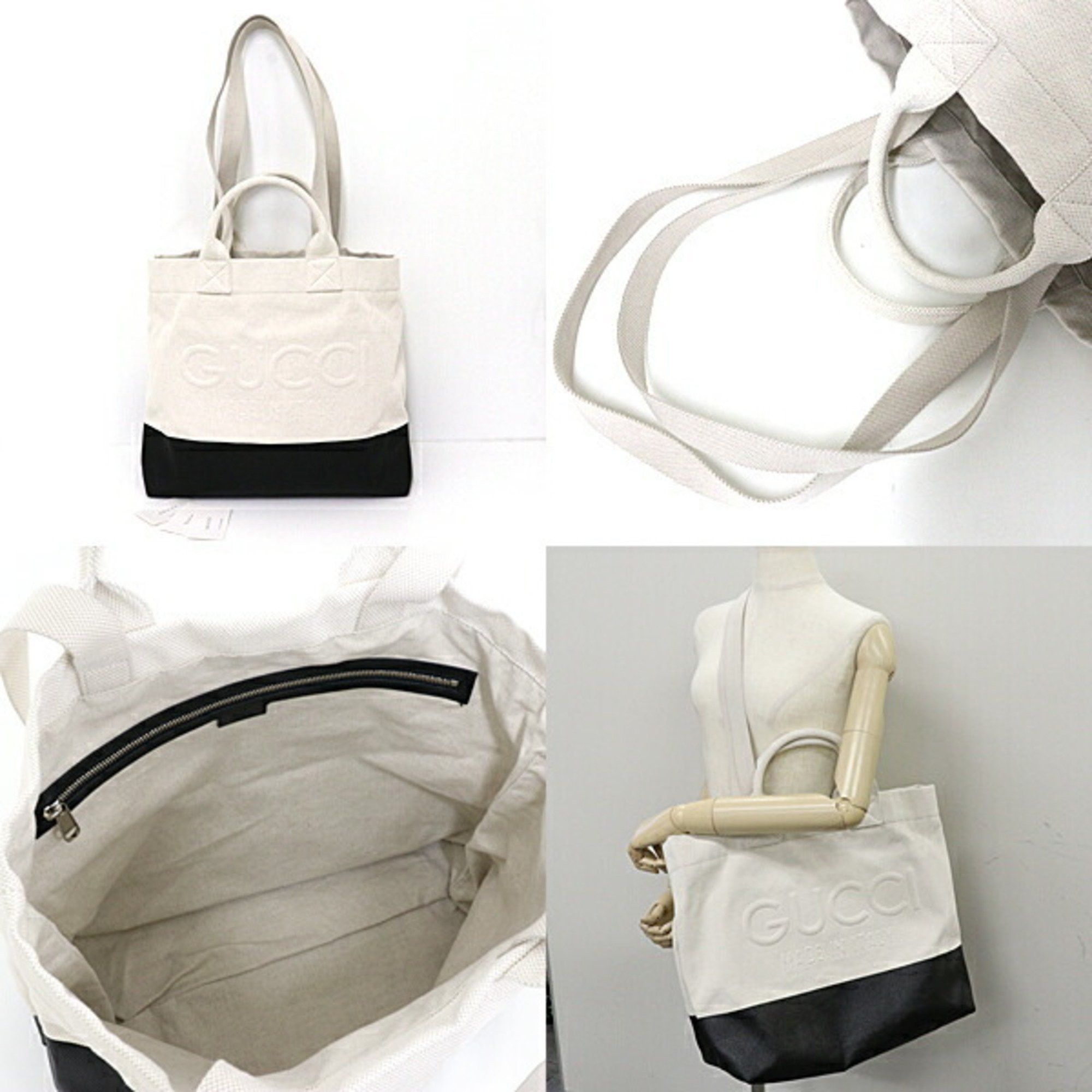 Gucci GUCCI Embossed Detail Canvas Tote Bag 782741 Natural Ivory Black Size ONE SIZE - 3 Thumbnail