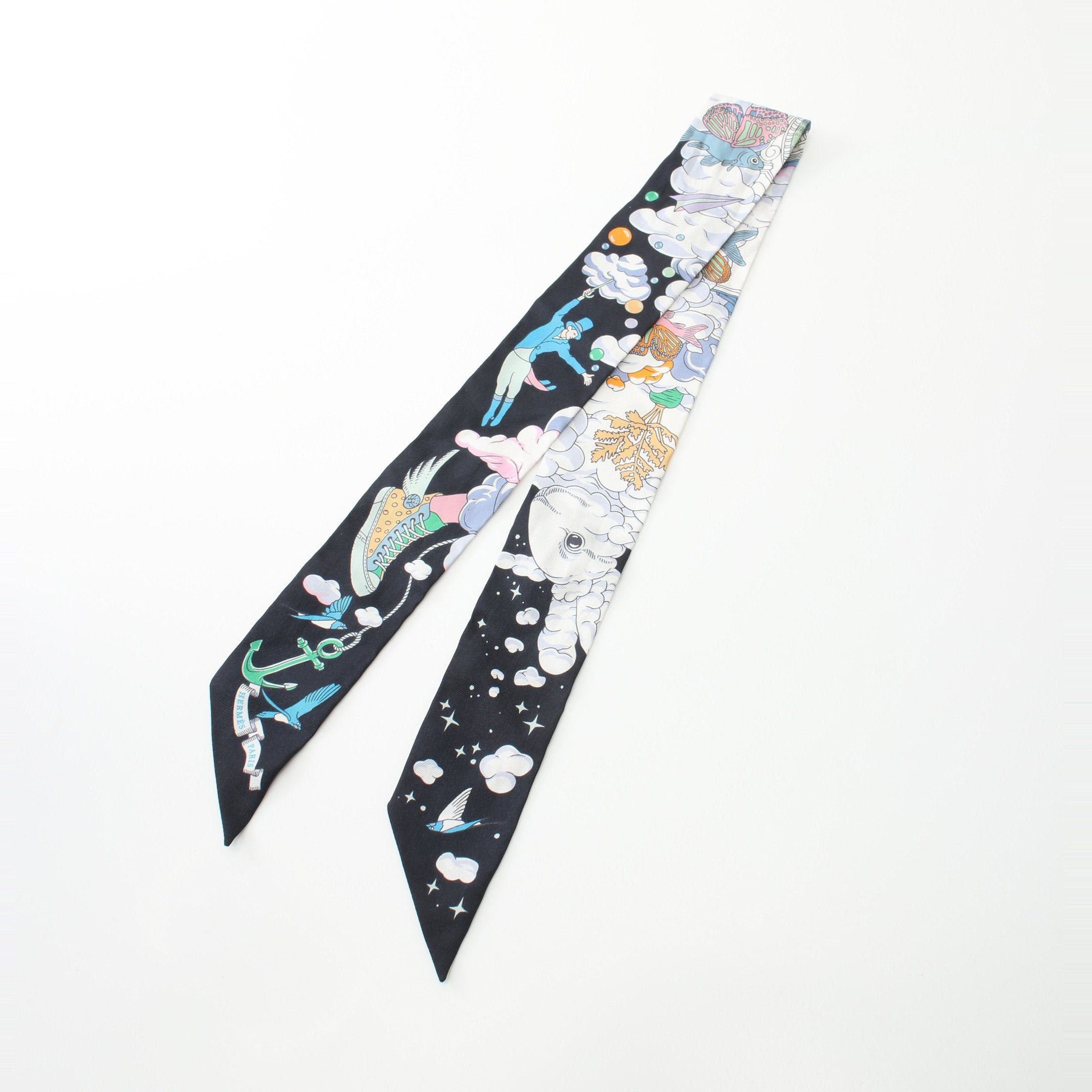 Hermes Hermes Twilly Sur Mon Nuage Ribbon Scarf Silk Black White Multicolor Size ONE SIZE - 4 Thumbnail
