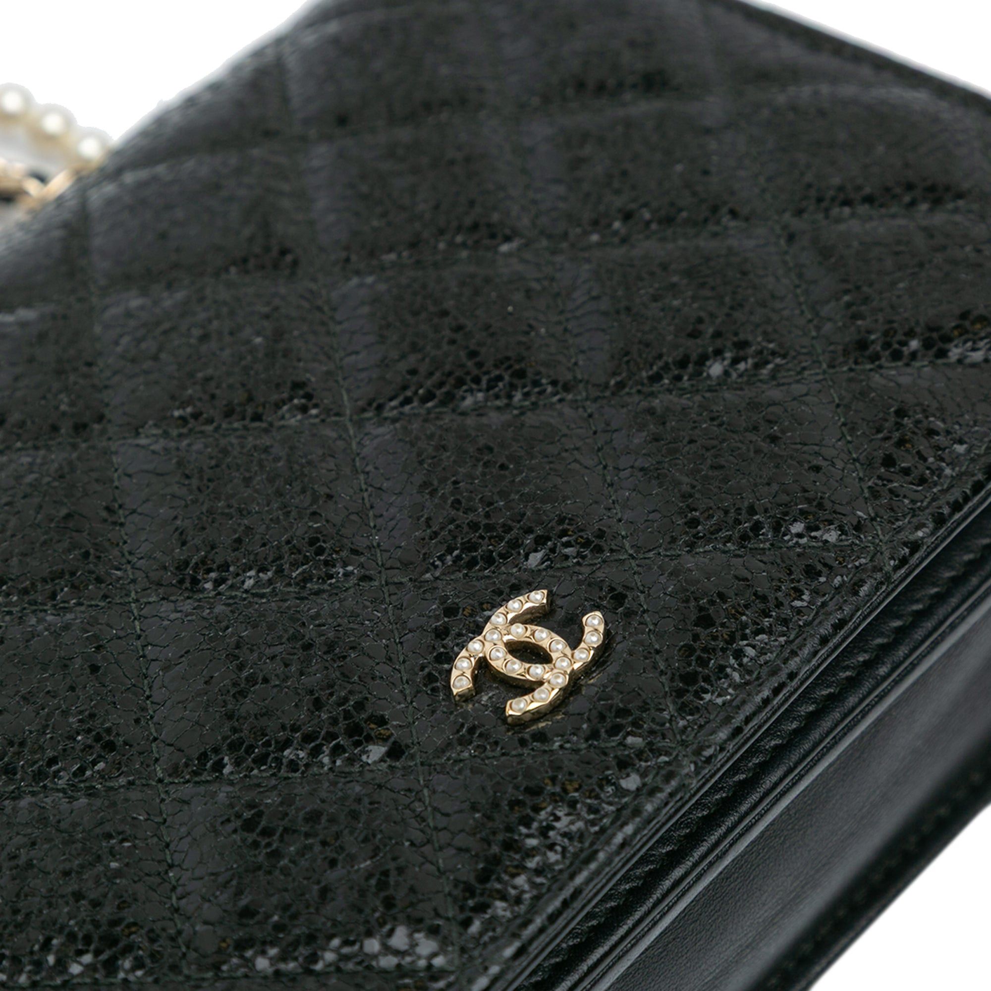 Chanel Chanel Quilted Crackled Patent Calfskin Pearl Wallet On Chain Black Size ONE SIZE - 10 Thumbnail