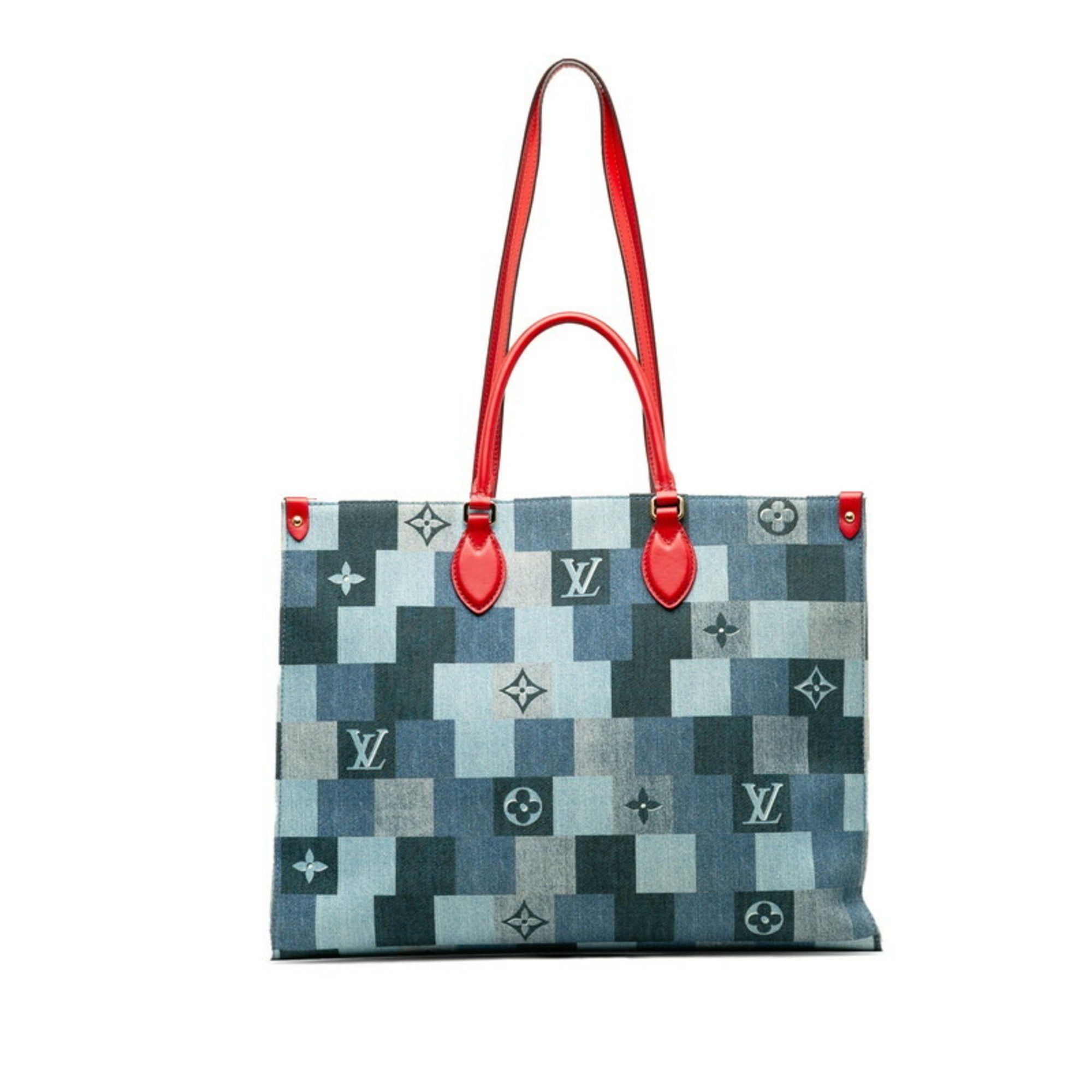 Louis Vuitton Louis Vuitton Monogram Denim On the Go GM Tote Bag Shoulder M44992 Blue Red Leather Women's LOUIS VUITTON Size ONE SIZE - 3 Thumbnail