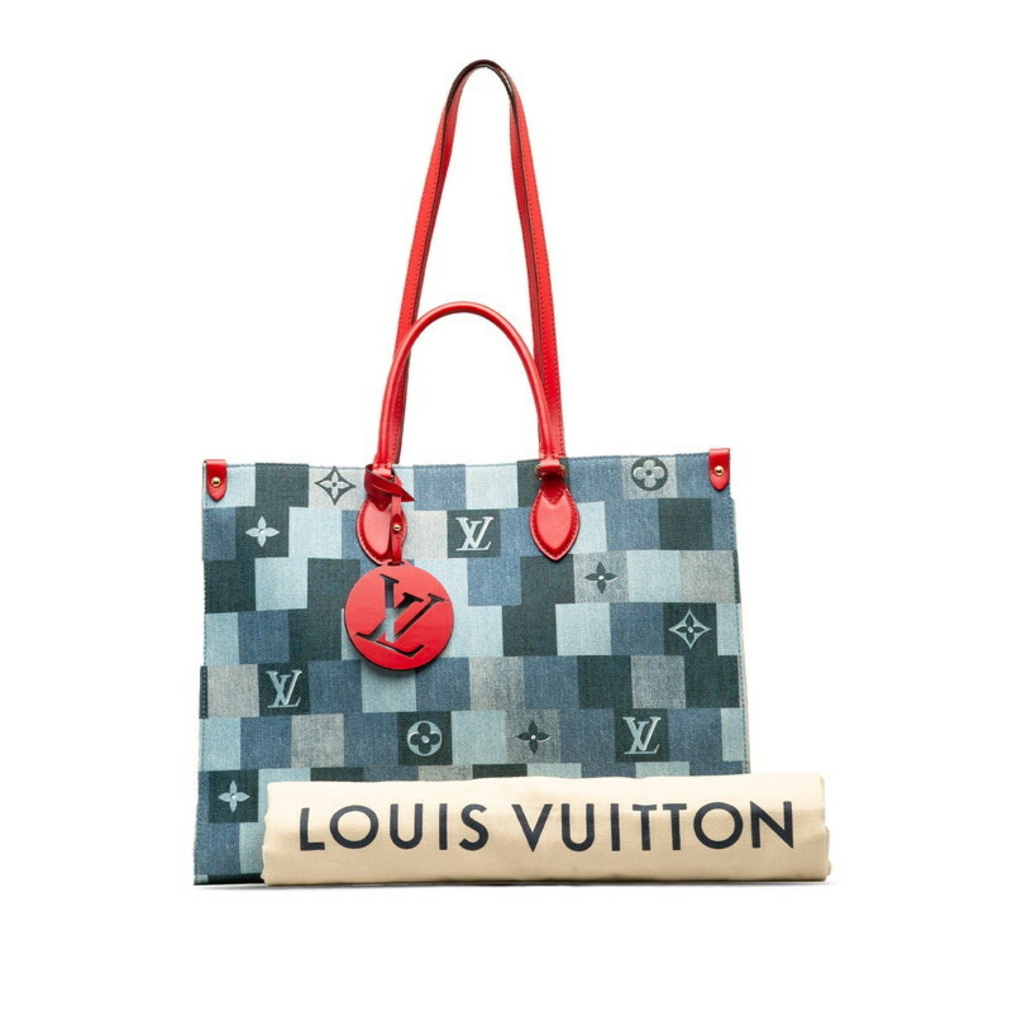 Louis Vuitton Louis Vuitton Monogram Denim On the Go GM Tote Bag Shoulder M44992 Blue Red Leather Women's LOUIS VUITTON Size ONE SIZE - 10 Thumbnail