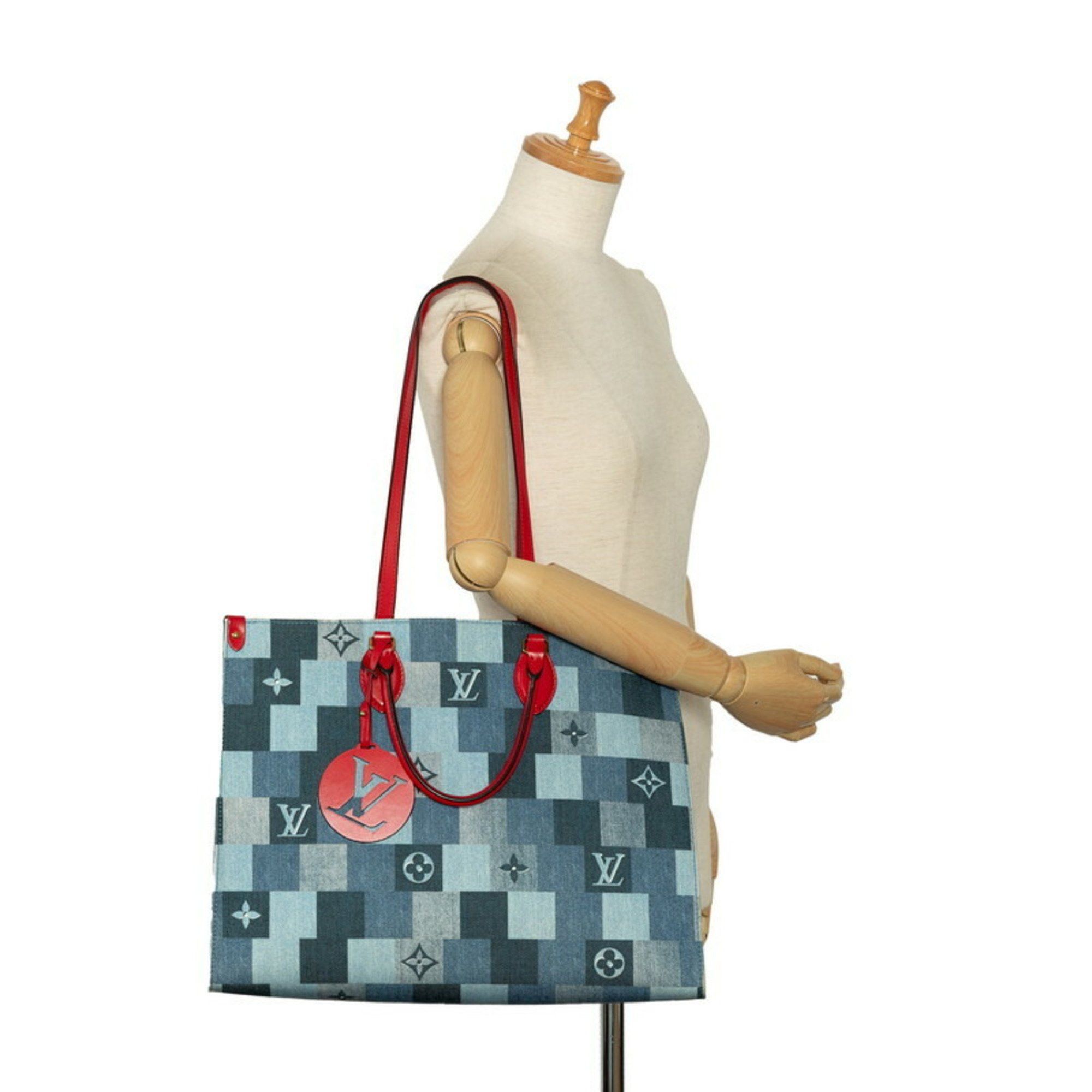 Louis Vuitton Louis Vuitton Monogram Denim On the Go GM Tote Bag Shoulder M44992 Blue Red Leather Women's LOUIS VUITTON Size ONE SIZE - 11 Thumbnail