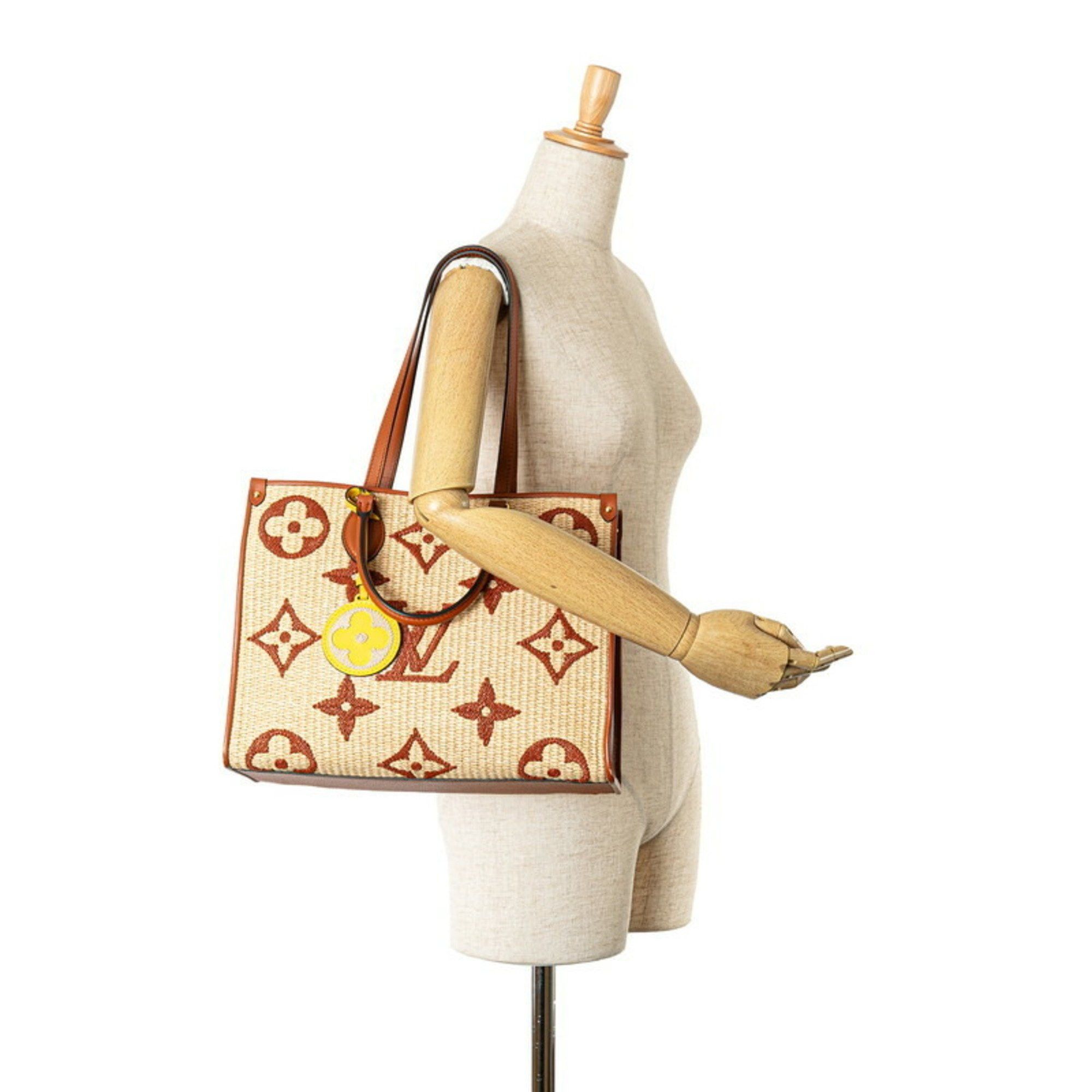 Louis Vuitton Monogram Raffia On-the-Go MM Handbag Shoulder Bag M57707 Beige Brown Leather Women's LOUIS VUITTON