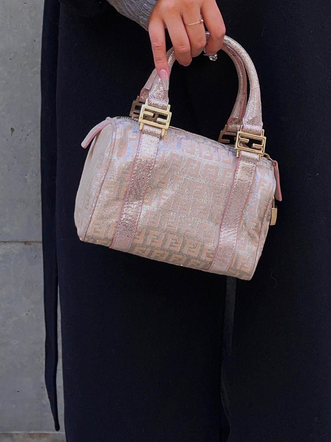 Fendi Fendi Zucchino Mini Boston Handbag Pink Silver Size ONE SIZE - 3 Thumbnail