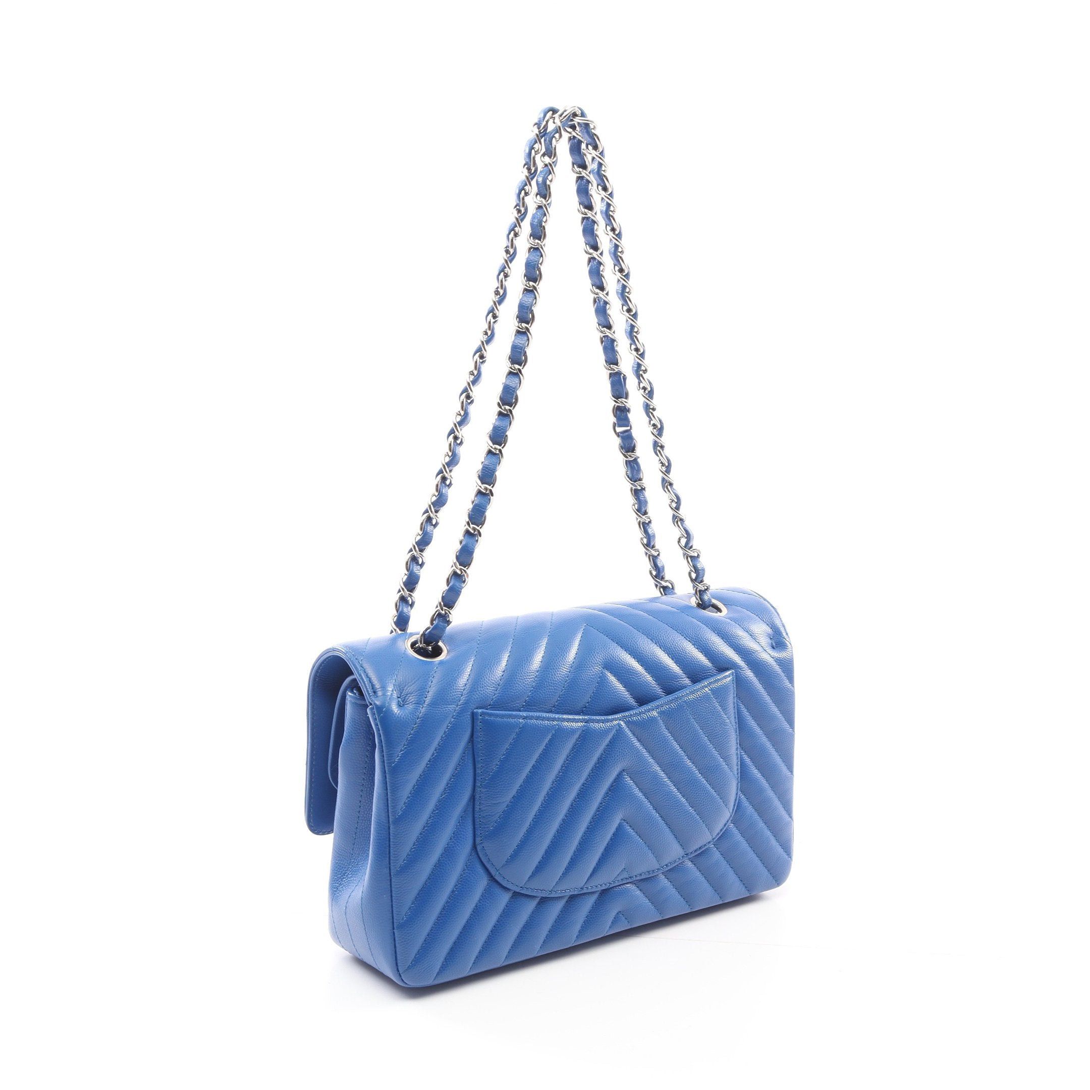 Chanel Chanel Chevron V-Stitch Double Flap Chain Shoulder Bag Caviar Skin Blue Silver Hardware Size ONE SIZE - 2 Thumbnail