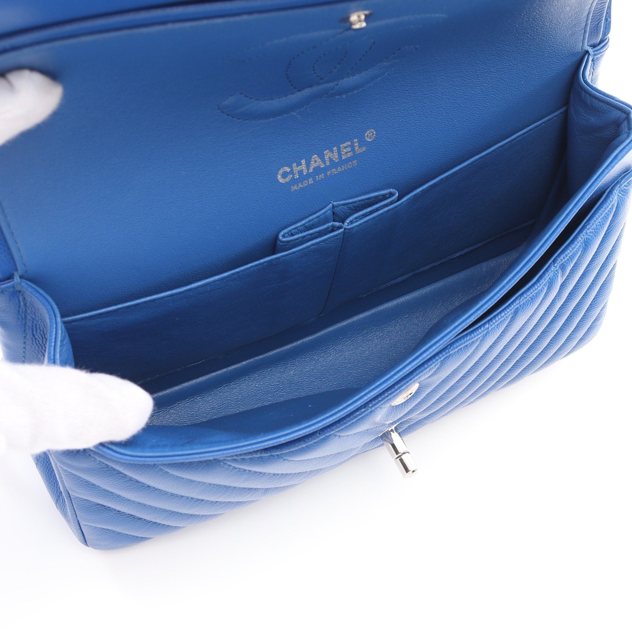 Chanel Chanel Chevron V-Stitch Double Flap Chain Shoulder Bag Caviar Skin Blue Silver Hardware Size ONE SIZE - 3 Thumbnail