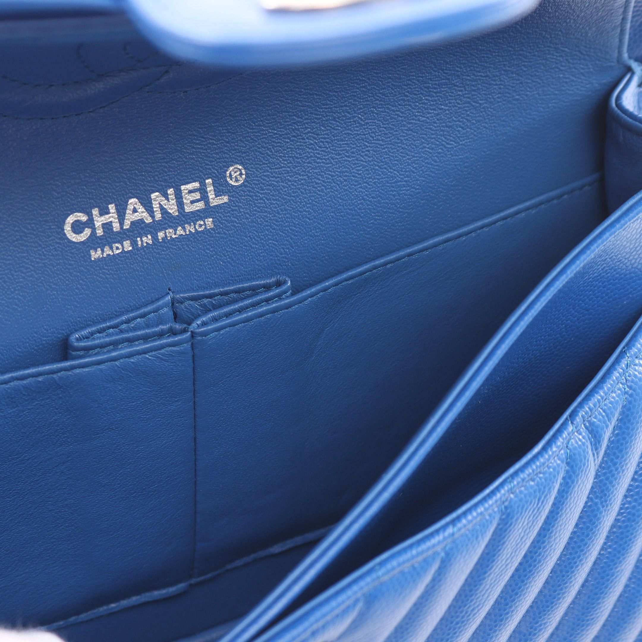 Chanel Chanel Chevron V-Stitch Double Flap Chain Shoulder Bag Caviar Skin Blue Silver Hardware Size ONE SIZE - 6 Thumbnail