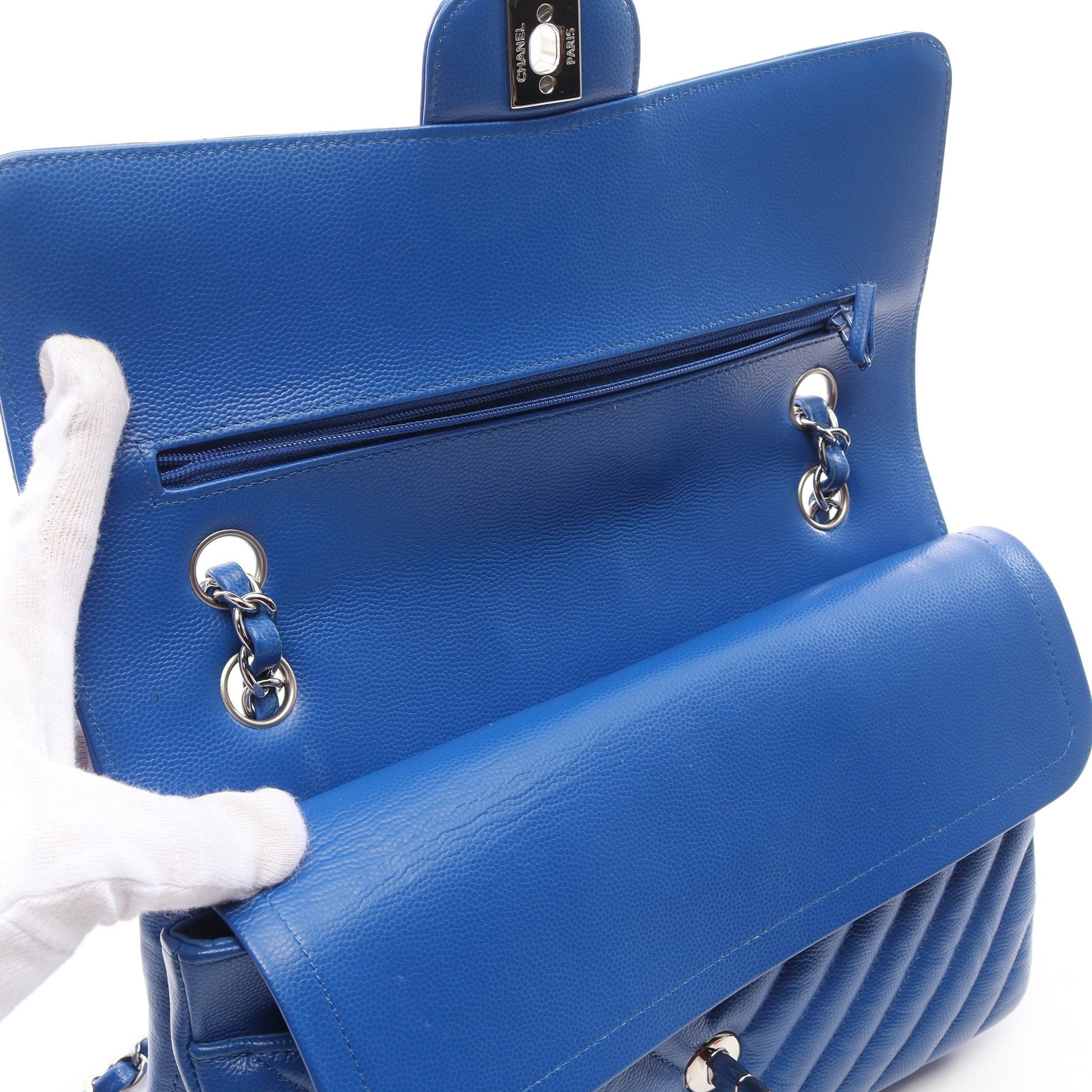 Chanel Chanel Chevron V-Stitch Double Flap Chain Shoulder Bag Caviar Skin Blue Silver Hardware Size ONE SIZE - 7 Thumbnail