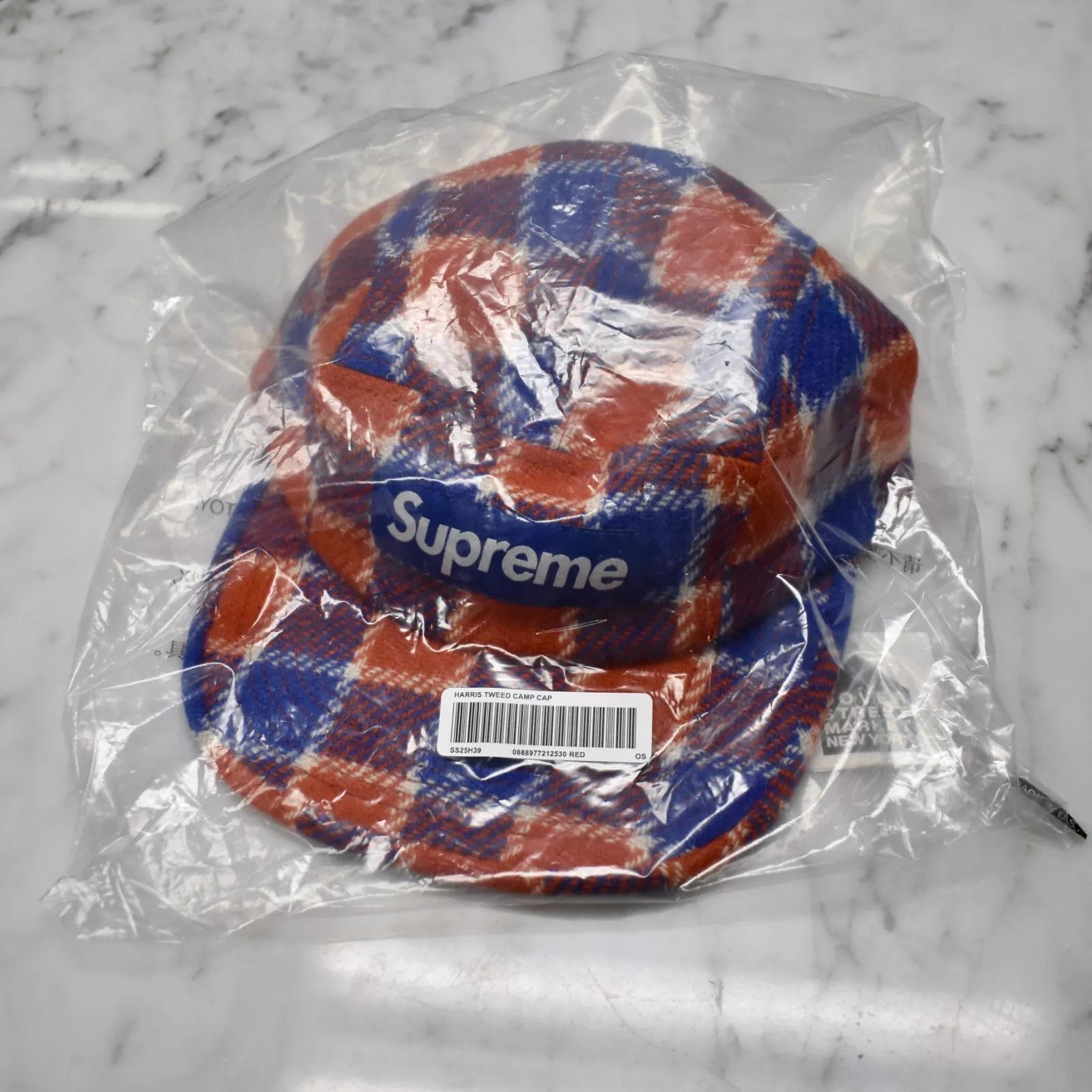Harris Tweed × Supreme Supreme Harris Tweed Box Logo Camp Cap Hat Red Blue Size ONE SIZE - 7 Thumbnail