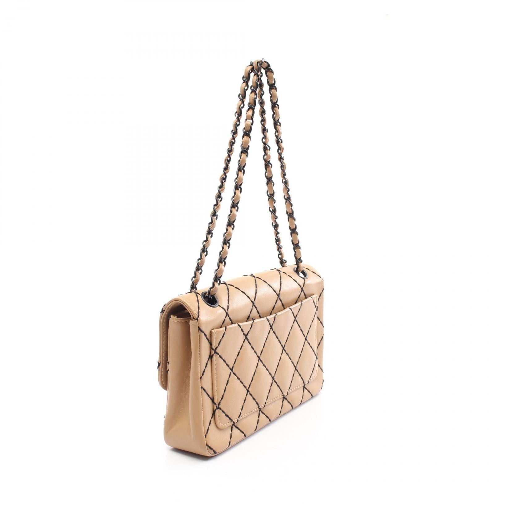 Chanel Chanel Wild Stitch Double Chain Shoulder Bag Leather Beige Black Hardware Size ONE SIZE - 2 Thumbnail