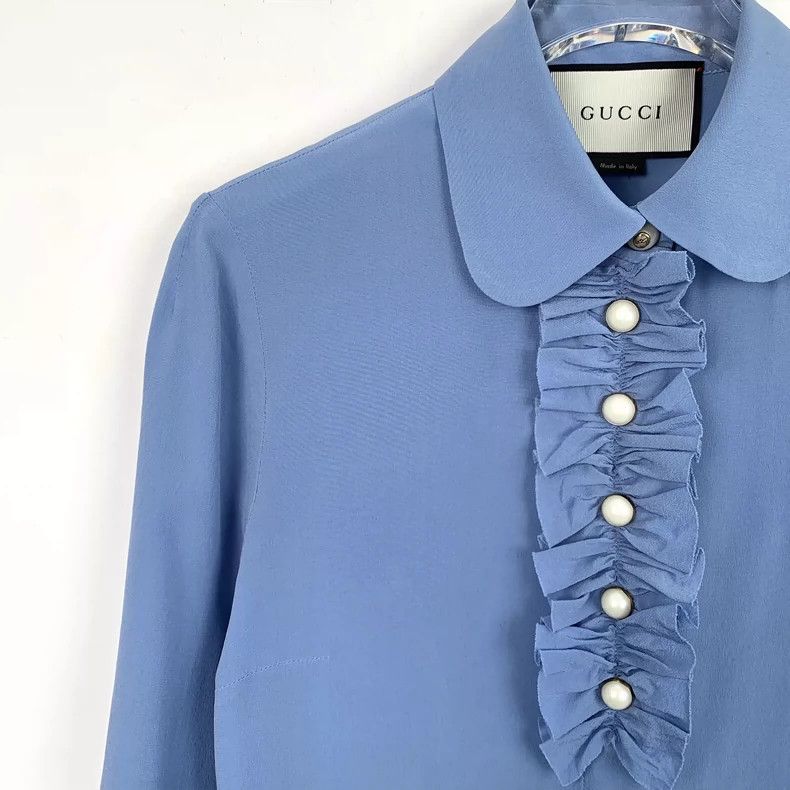 Gucci Blue Ruffle Pearl Button Silk Shirt Size US S / EU 44-46 / 1 - 3 Thumbnail