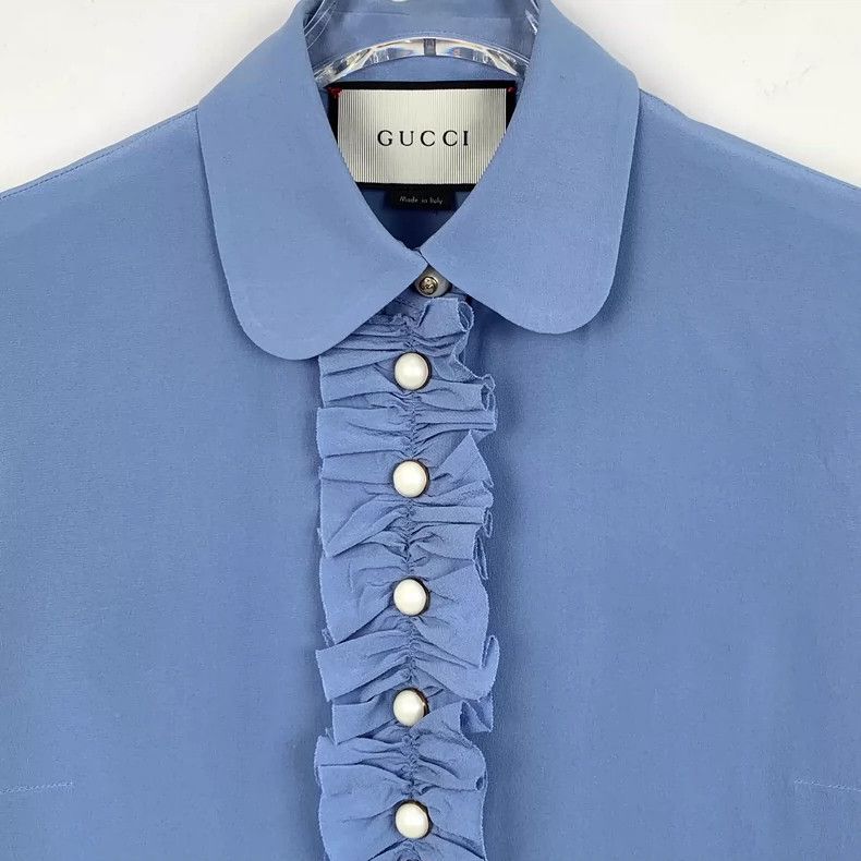 Gucci Blue Ruffle Pearl Button Silk Shirt Size US S / EU 44-46 / 1 - 4 Thumbnail