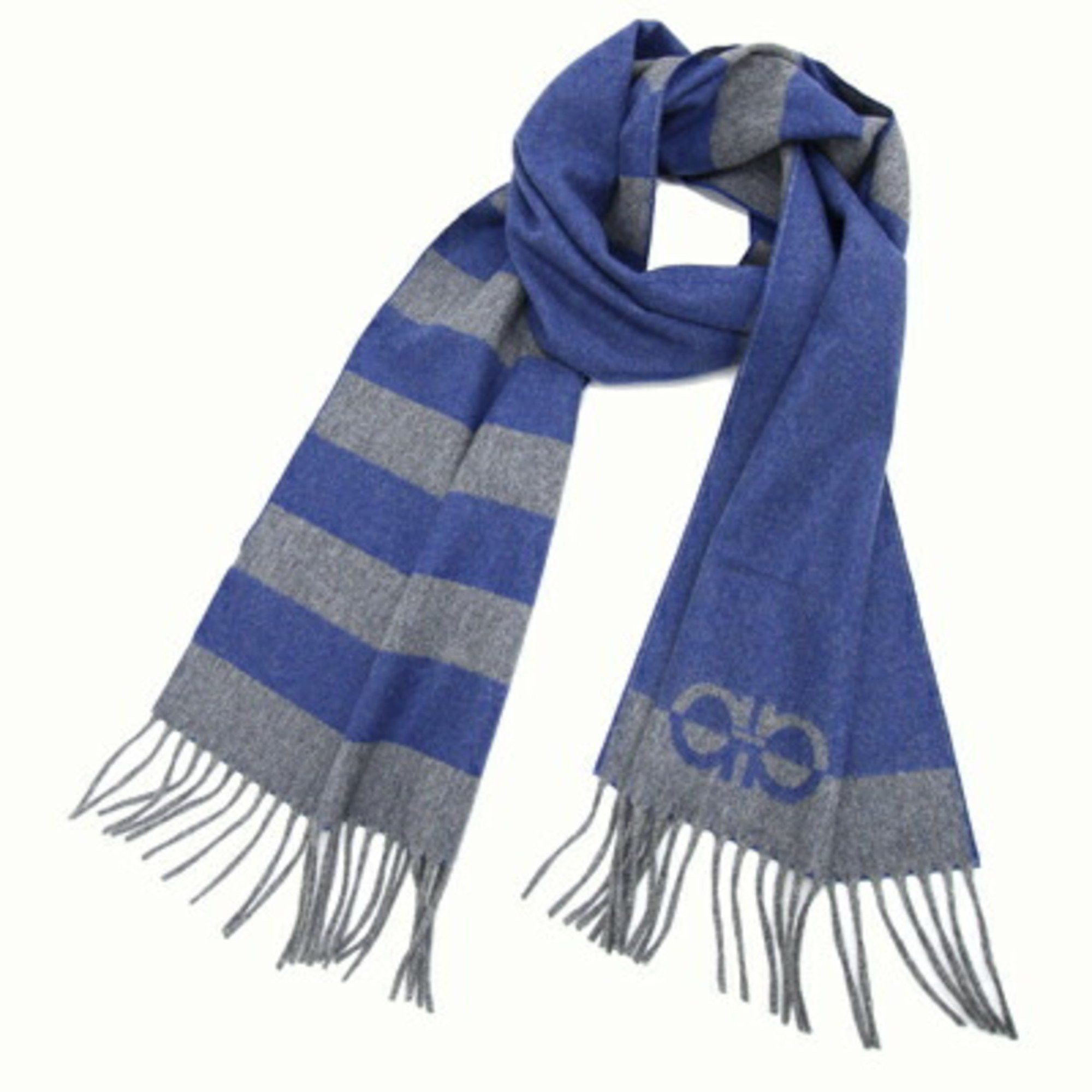 Salvatore Ferragamo Salvatore Ferragamo Scarf Gancini 527941 Blue Grey Wool Cashmere Men's Stole Fashion Size ONE SIZE - 5 Thumbnail